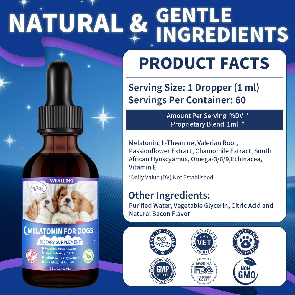 WEALLIN Melatonin for Dogs l-theanine chamomile ingredients label highlighting gentle formula.