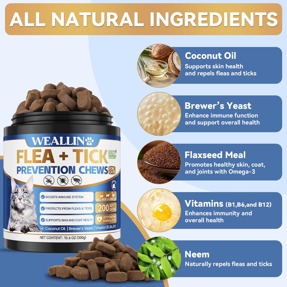 WEALLIN natural flea tick care coat image highlights skin support and glossy fur.