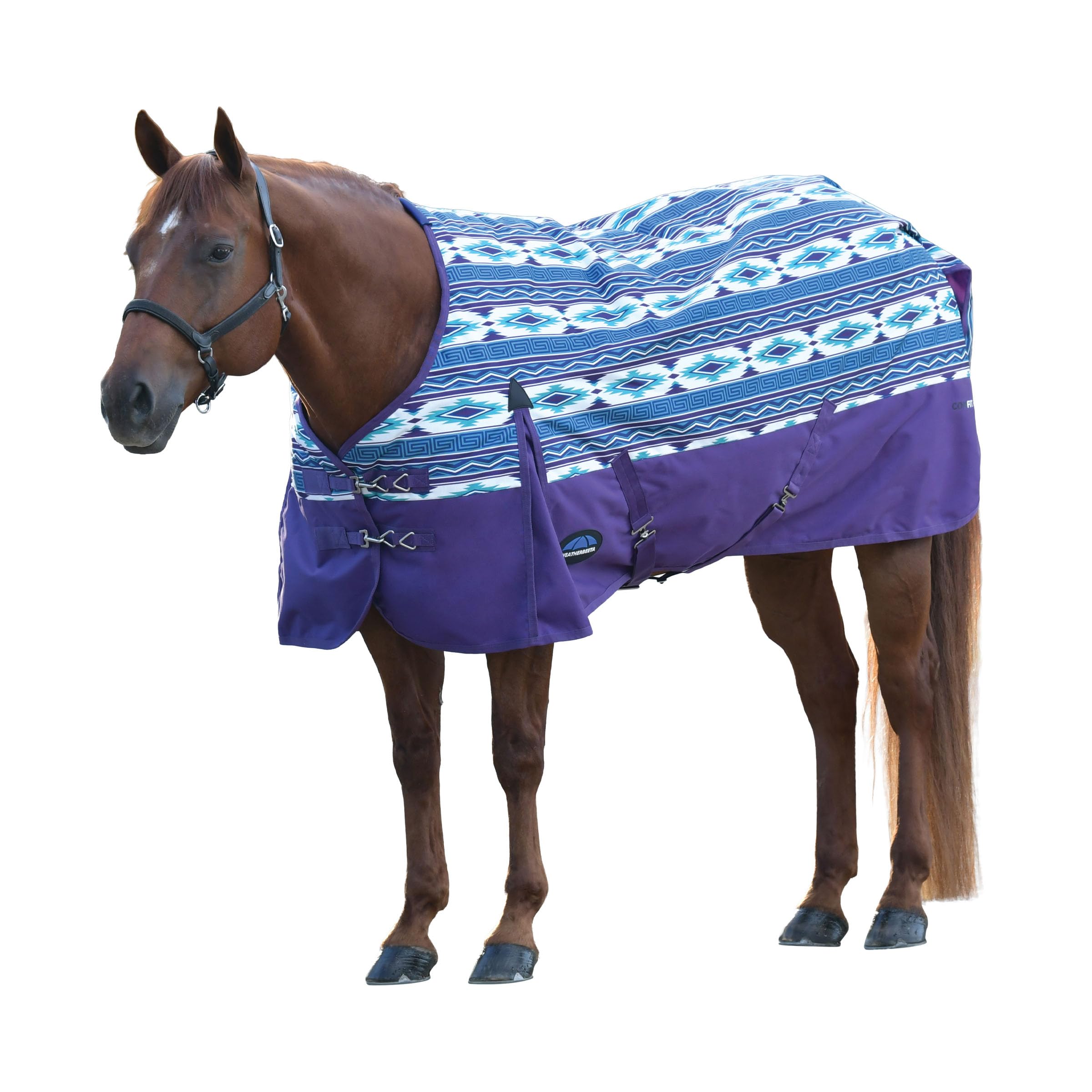 WeatherBeeta ComFiTec Essential Turnout 220G in purple Navajo print—waterproof, breathable protection for daily turnout.