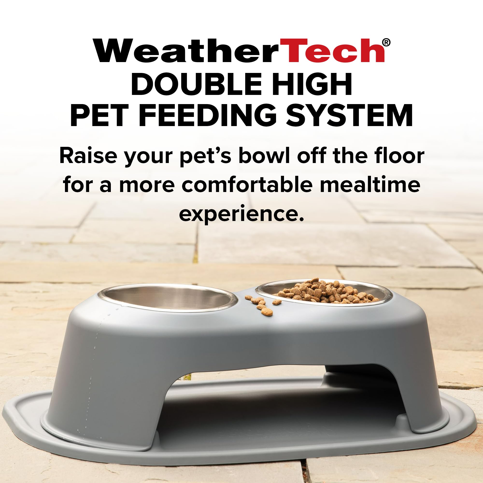 WeatherTech double high pet feeding system dark grey bowls blend with decor and are dishwasher-friendly