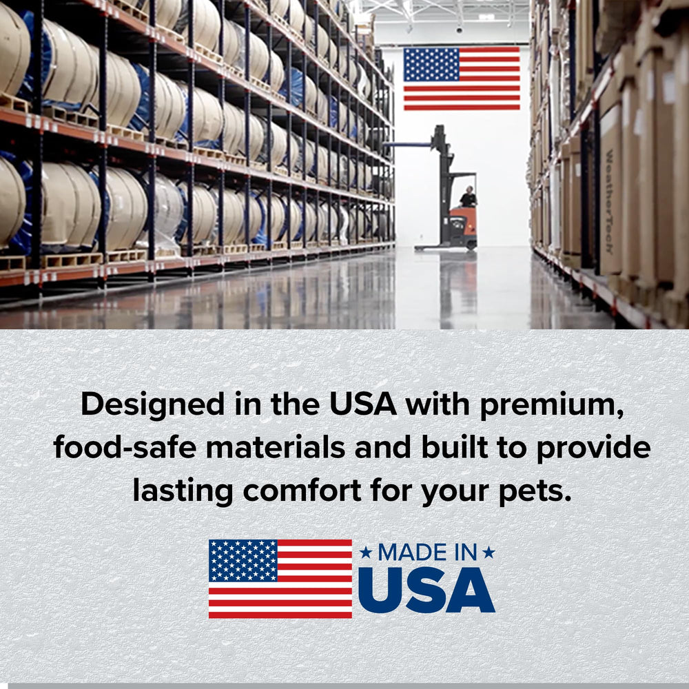 WeatherTech double high pet feeding system mat catches spills during meals