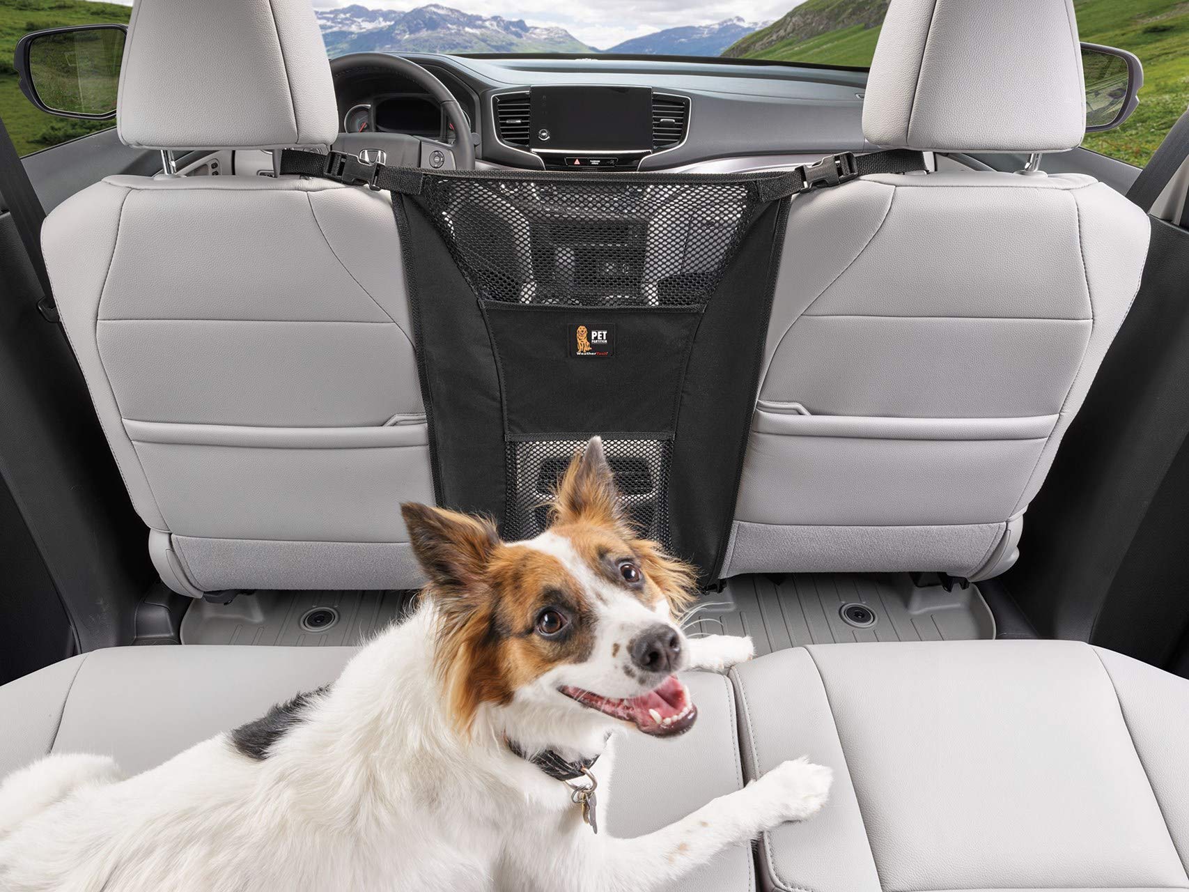 WeatherTech Pet Partition storage pocket neatly holds leash, treats, and toys.