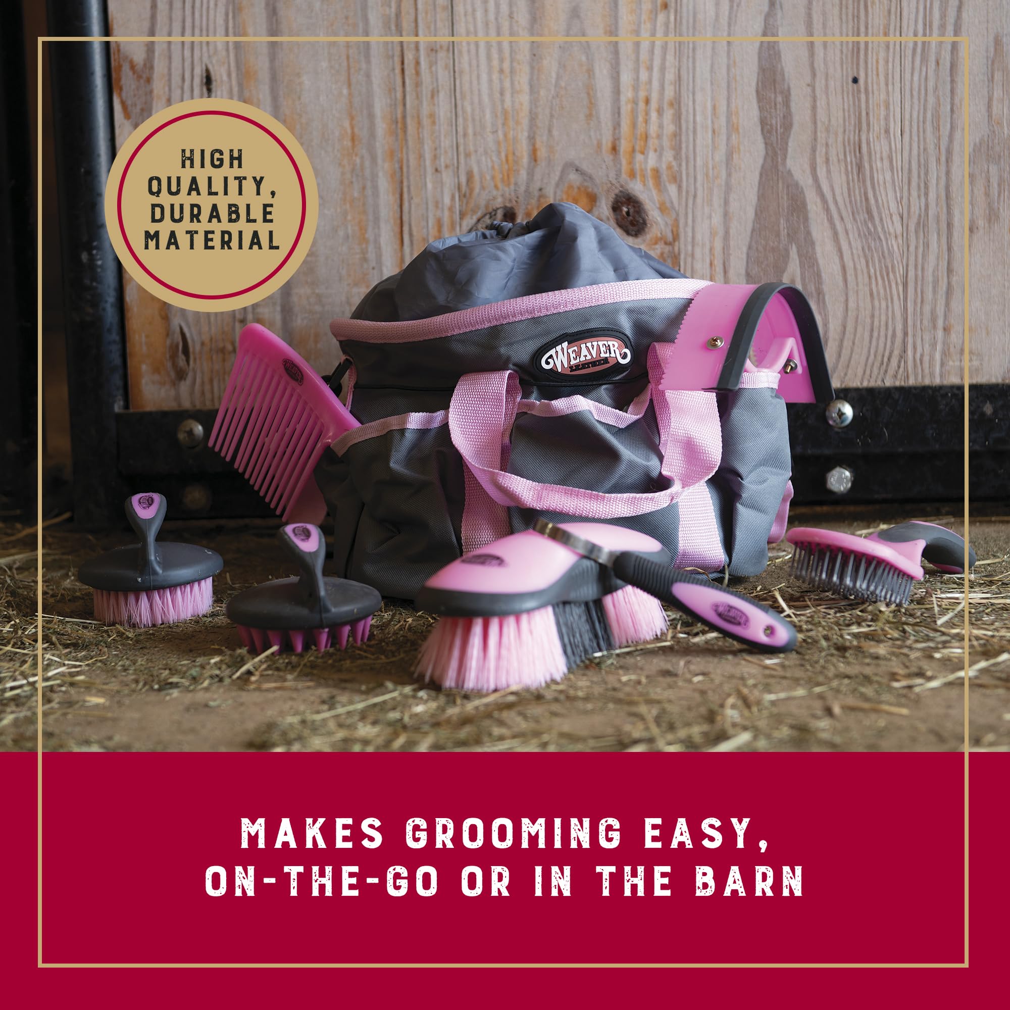 Weaver Leather grooming kit tote bag close-up highlighting organized storage for on-the-go stalls.