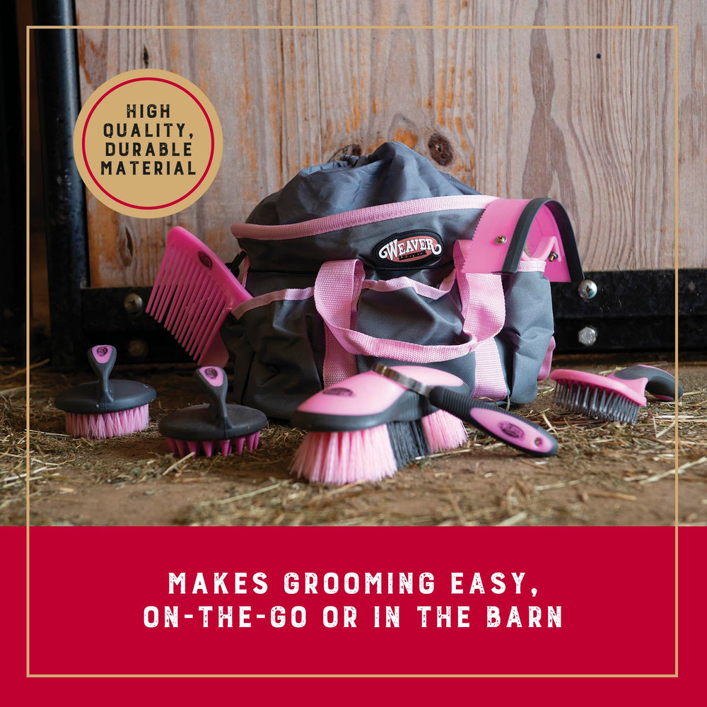 Weaver Leather grooming kit tote bag close-up highlighting organized storage for on-the-go stalls.