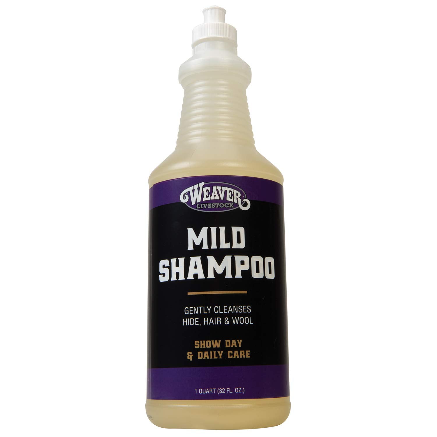Weaver Leather Livestock Mild Shampoo bottle shows gentle cleansing for hair coat and skin.