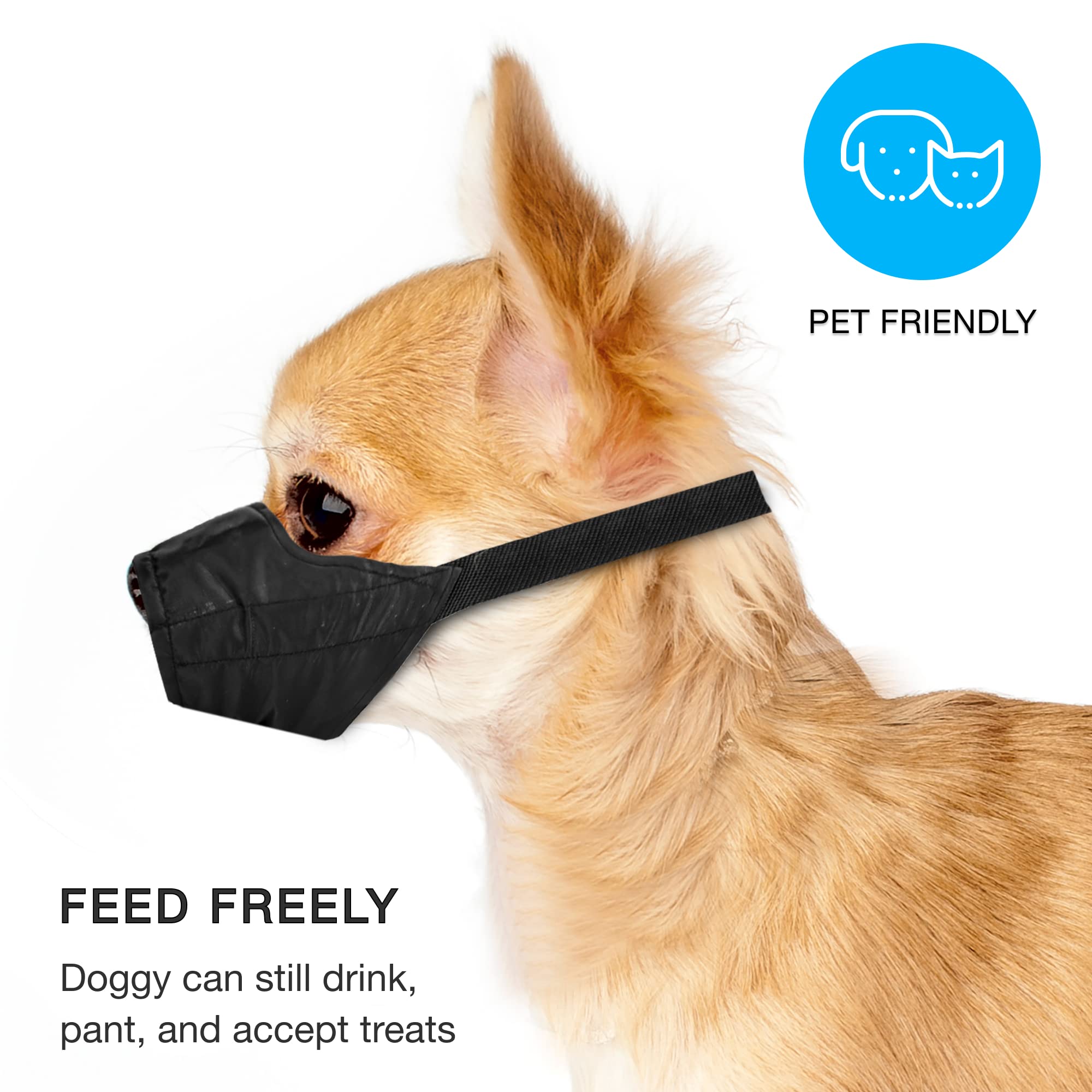 Weebo Pets muzzle features adjustable neck strap for a secure, comfortable fit