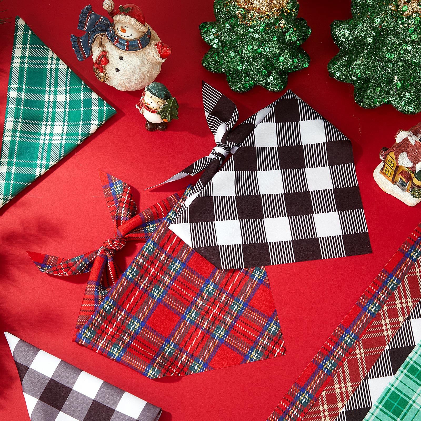 Weewooday Christmas party look with red-green plaid bandana for charming pet photos.