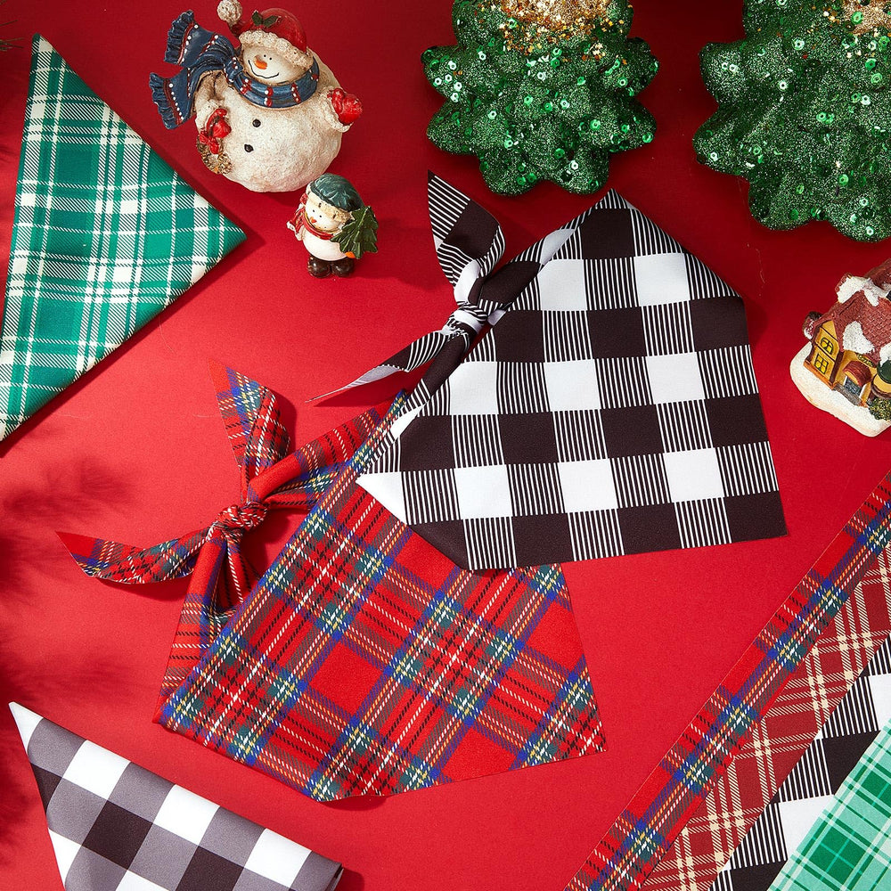 Weewooday Christmas party look with red-green plaid bandana for charming pet photos.