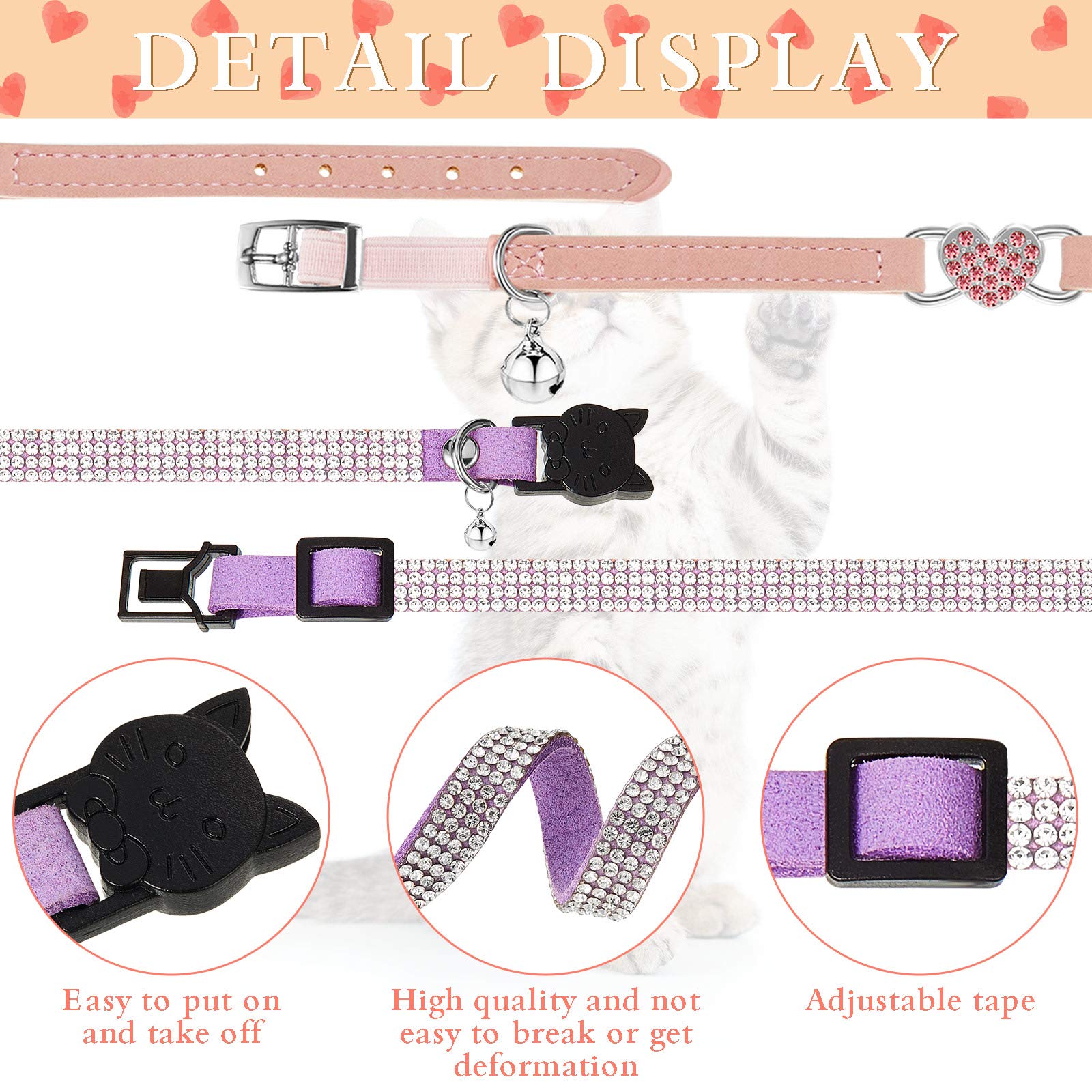 Weewooday heart-bling cat collar in purple adds charming flair with a detachable bell.