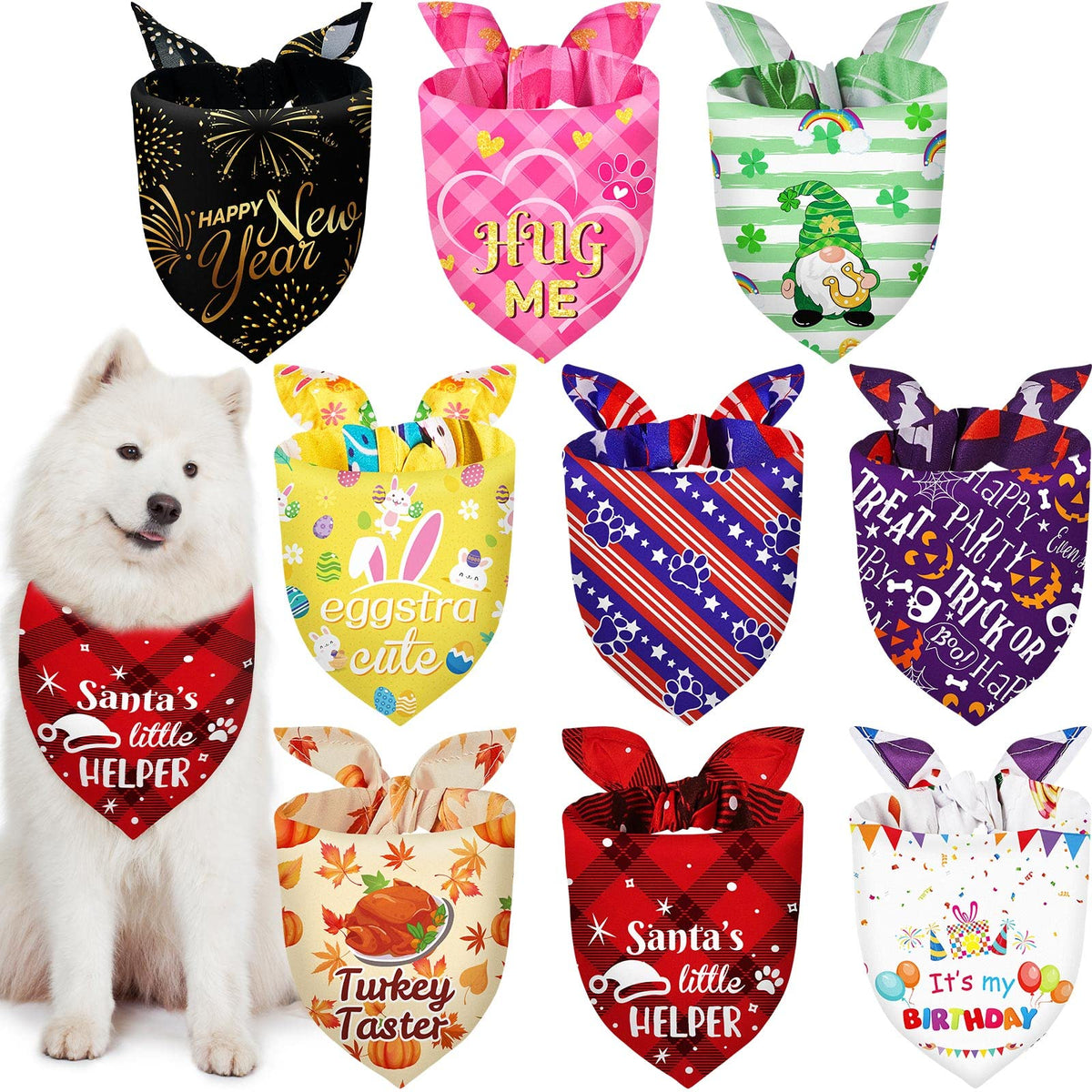 Weewooday nine-piece holiday dog bandana display with festive patterns for photo-ready styling.