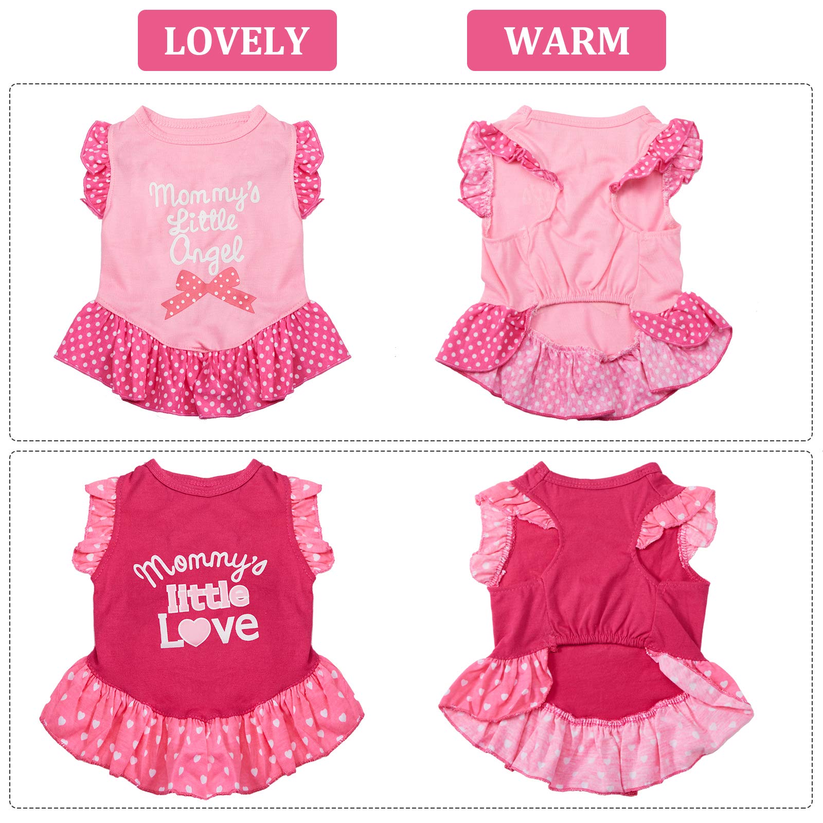 Weewooday Love and Angel dress on dog showcases adorable pink frill and easy dressing.