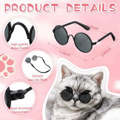 Weewooday round sunglasses on a cat with anti-slip cords for secure wear.