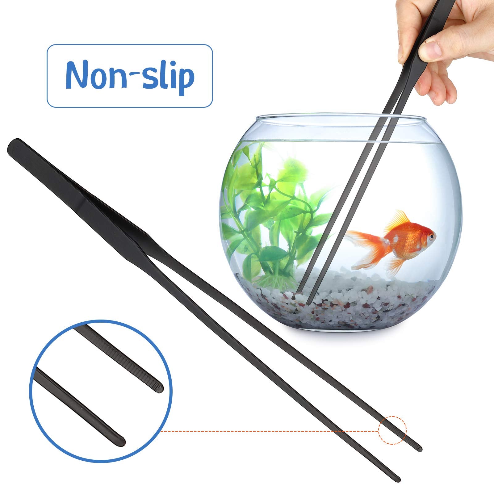 Weewooday stainless-steel-feeding-tongs gripping small items securely in tank.