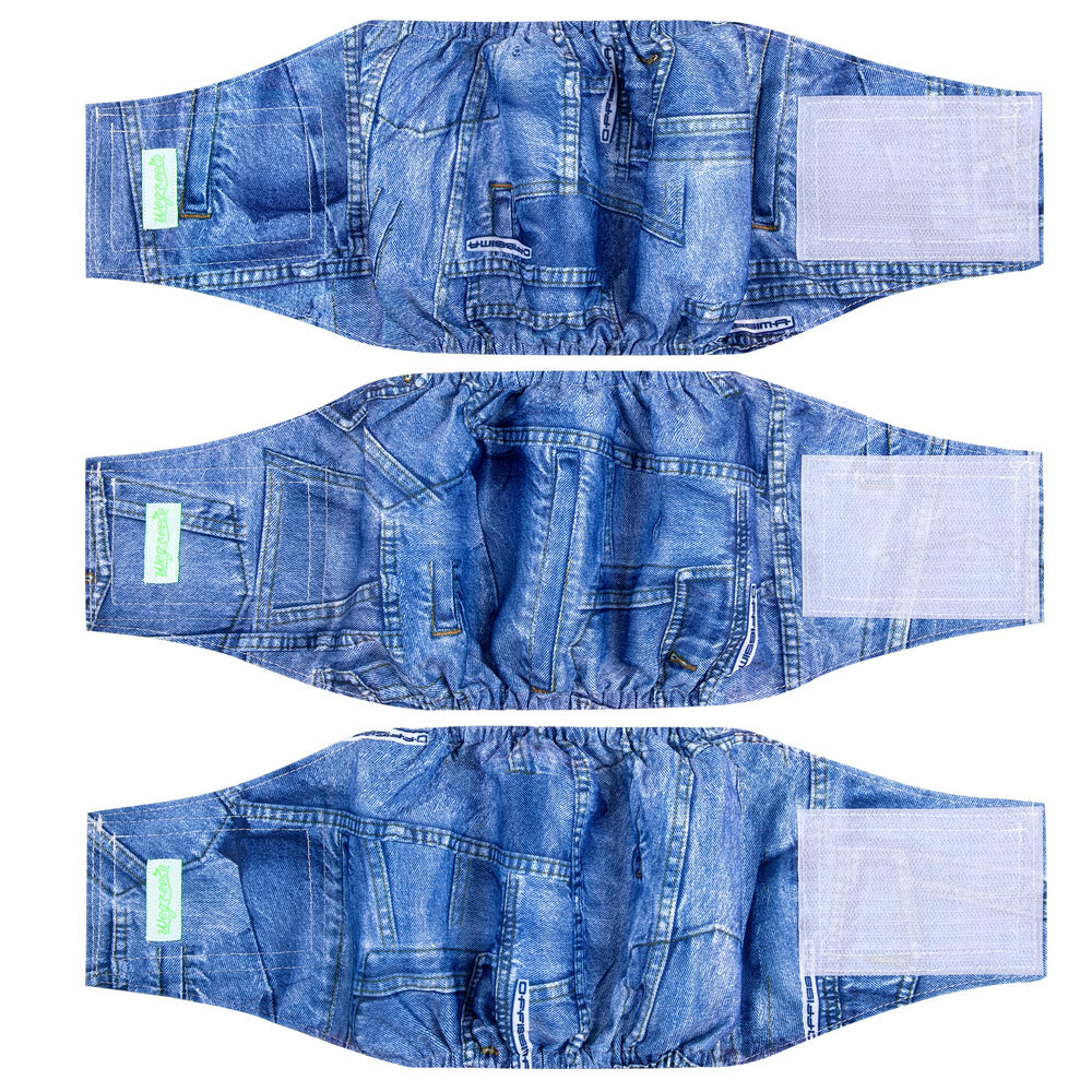Wegreeco jeans washable dog diaper pack3 small front view, secure fit for outdoors