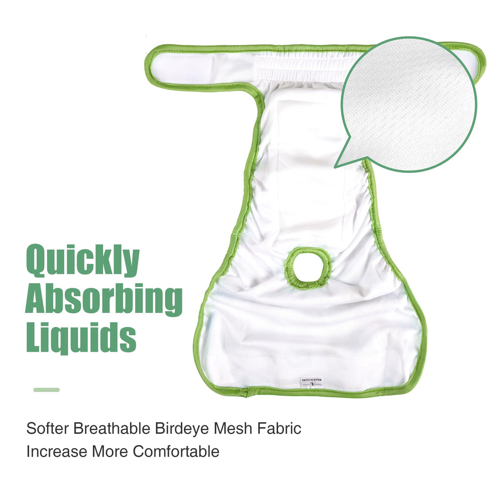 Wegreeco dog wearing diapers demonstrates easy hook-and-loop fastenings.
