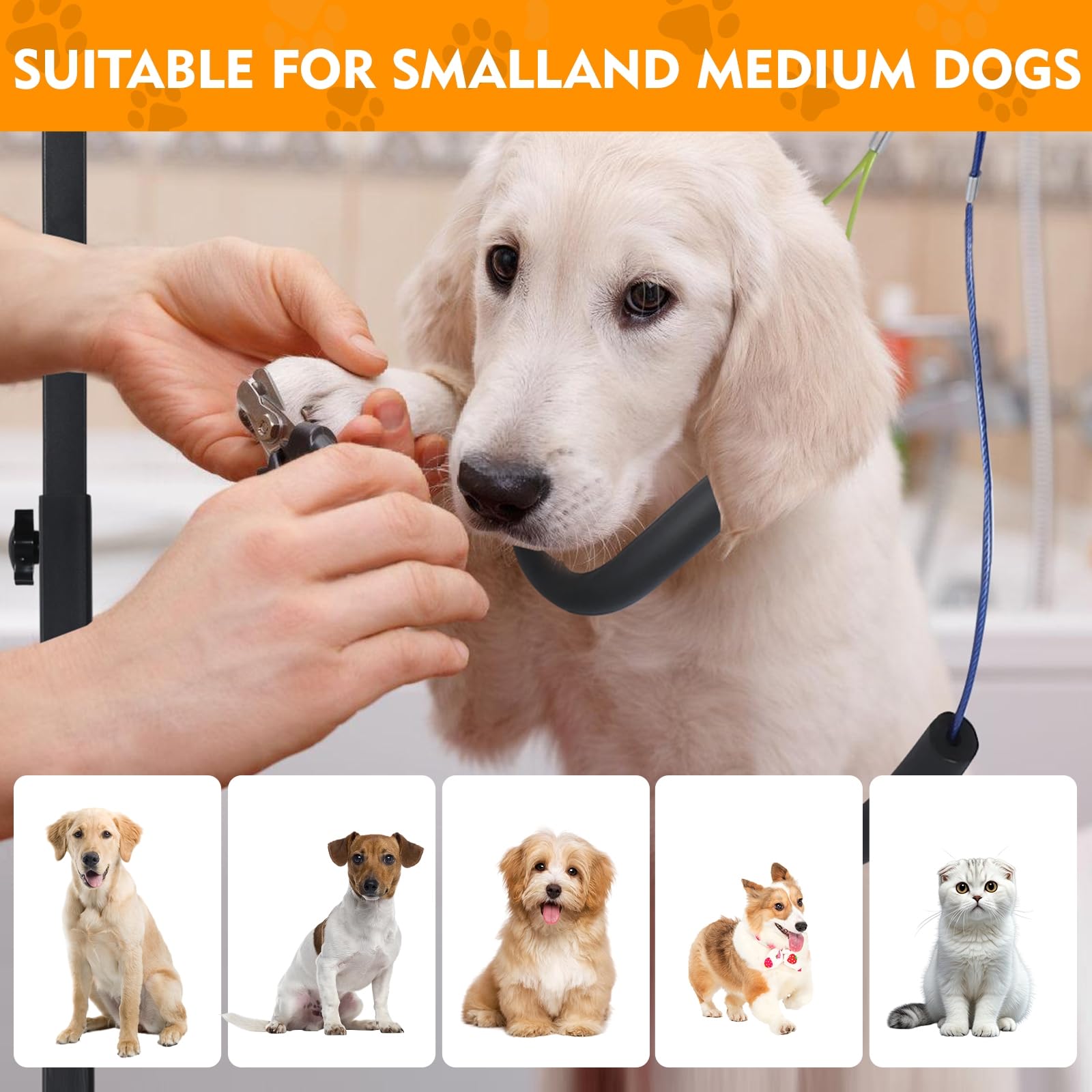 WeGXY dog grooming arm package contents include clamp, loop, haunch holders, and screws