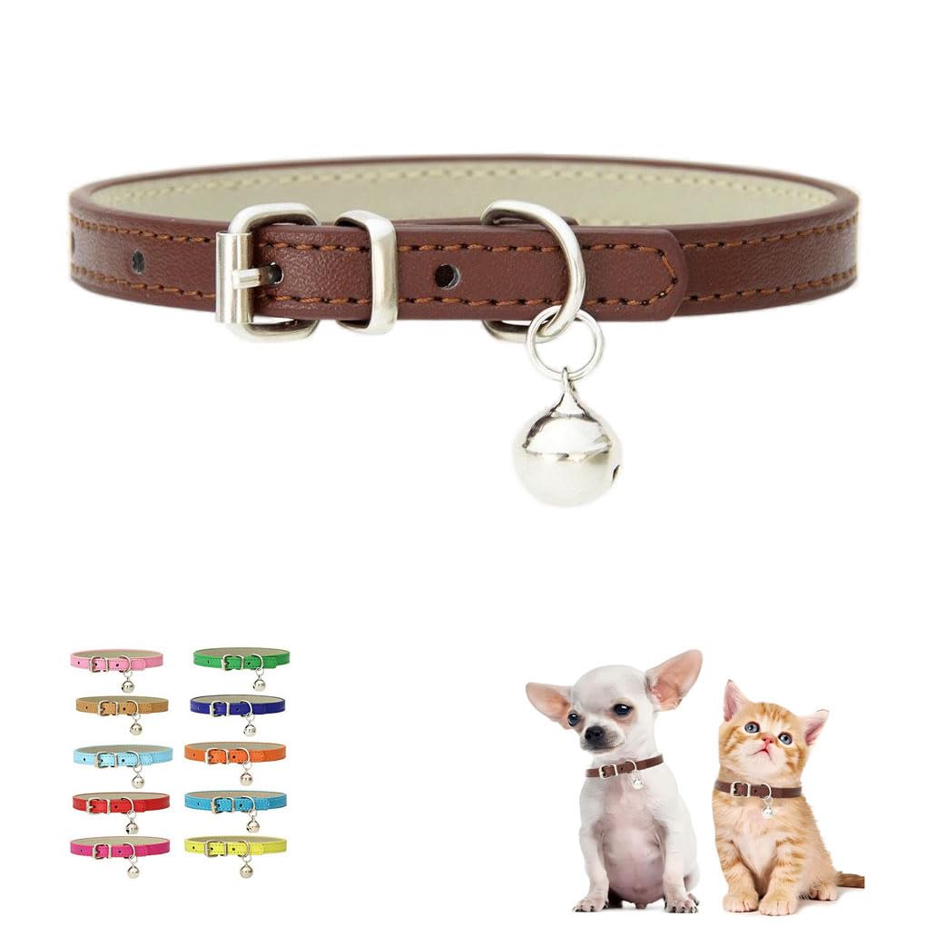 WeimoMonkey dog collar with bell in brown, close-up of soft faux leather and secure buckle for safety.