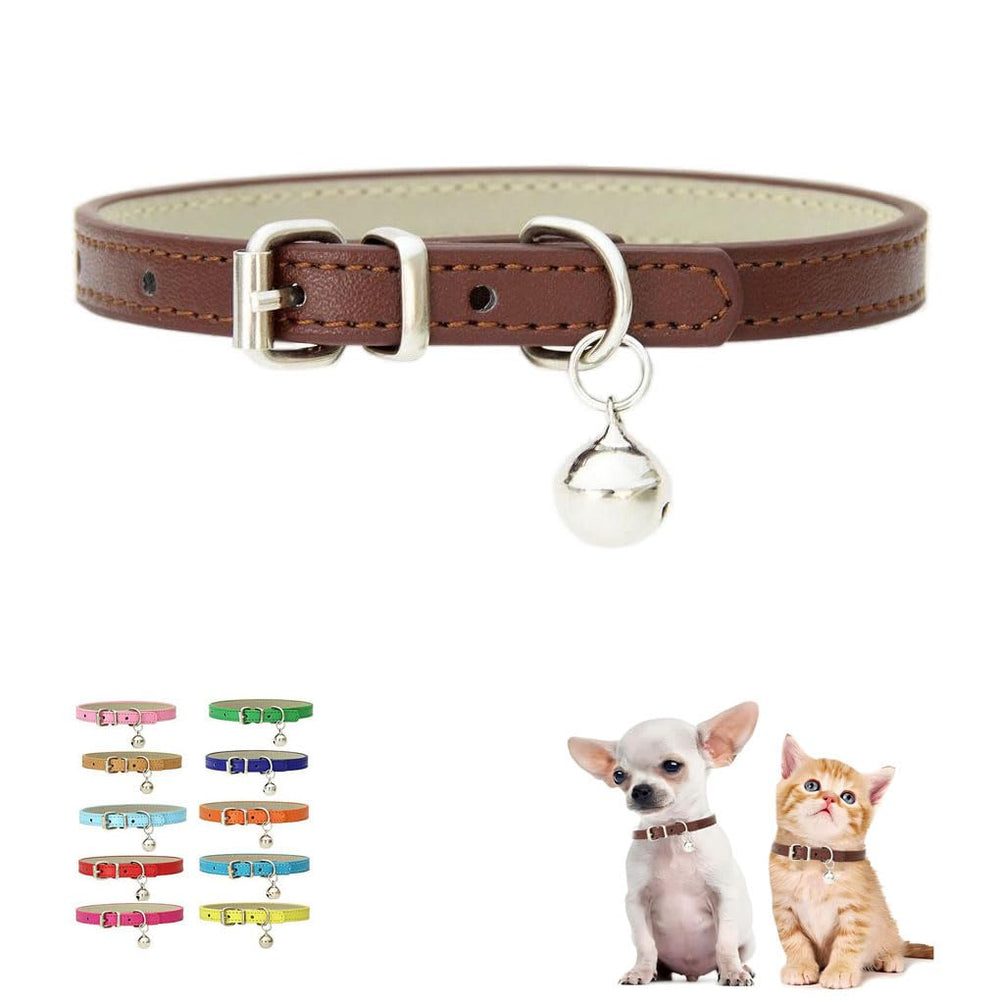 WeimoMonkey dog collar with bell in brown, close-up of soft faux leather and secure buckle for safety.