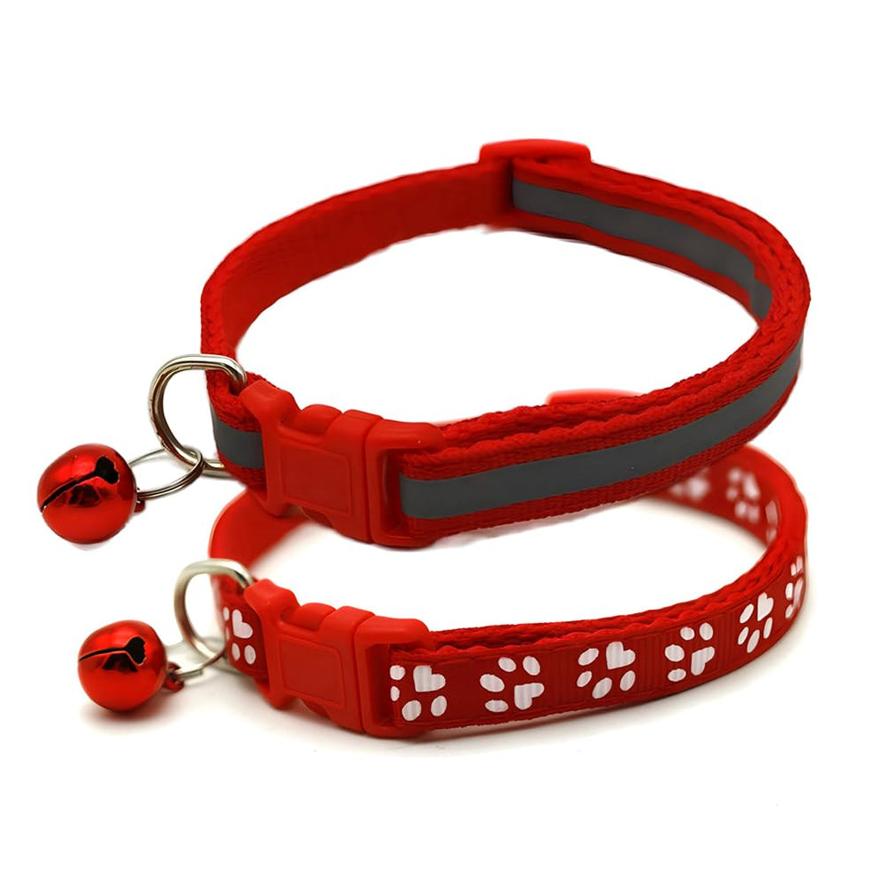 WeimoMonkey red small dog collar with bell XS close-up showing quick-release buckle.