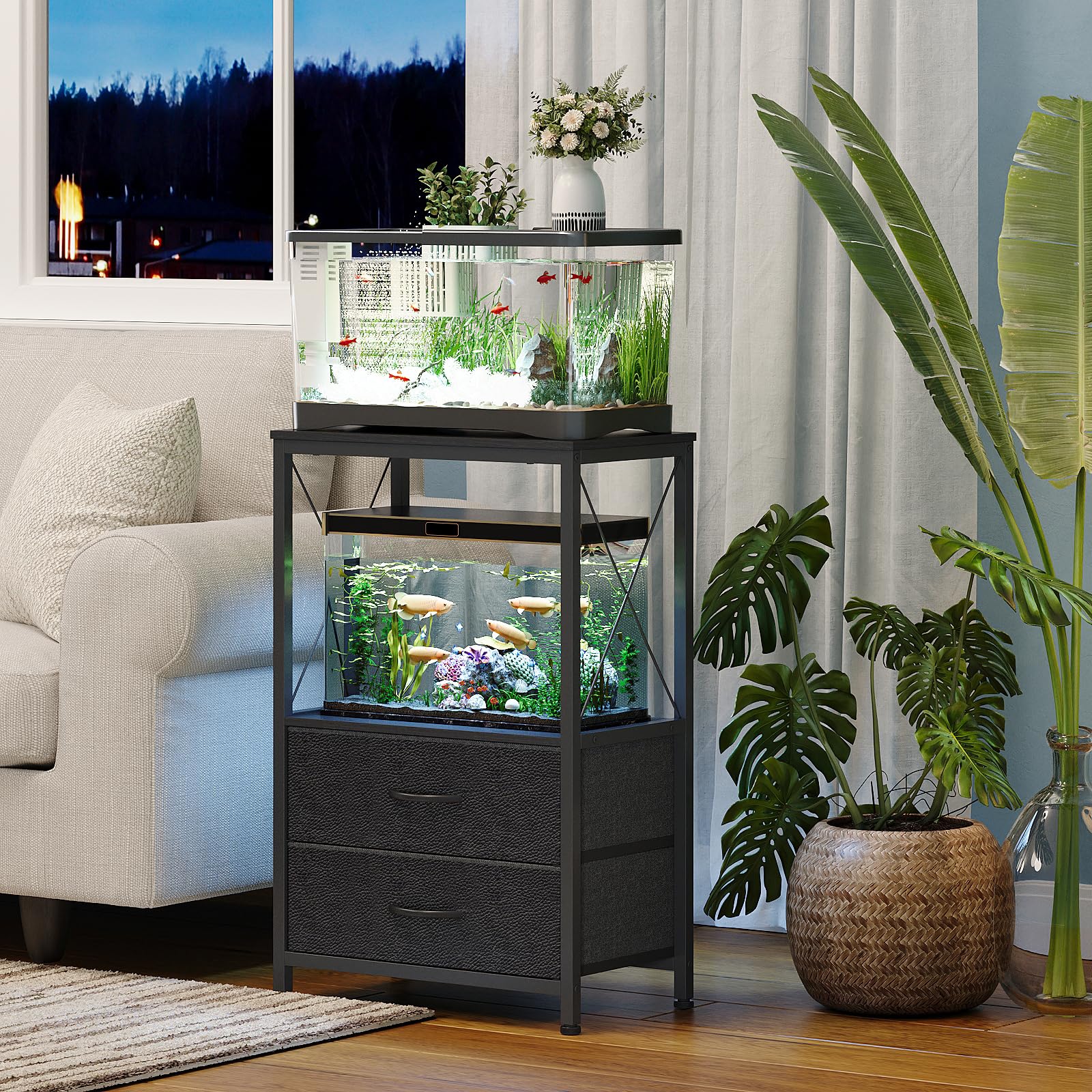 Welfuturer aquarium stand 2-tier design highlights desktop tank and storage layout