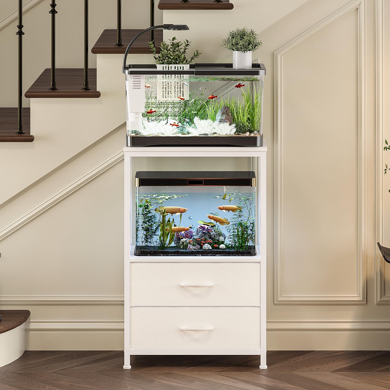 Welfuturer stand two-tier shelves show dual levels for tanks and storage