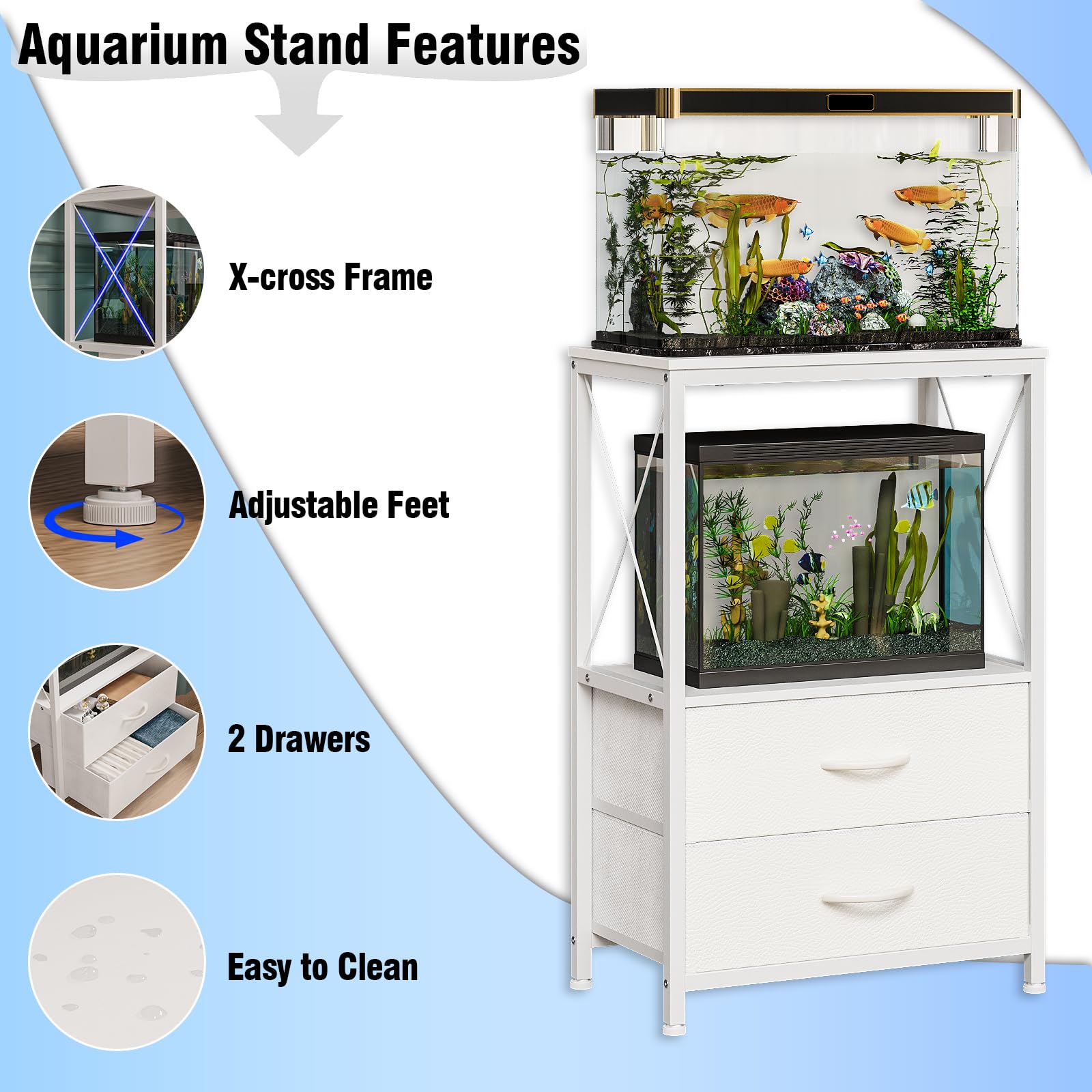 Welfuturer white finish stand complements decor while supporting aquariums securely