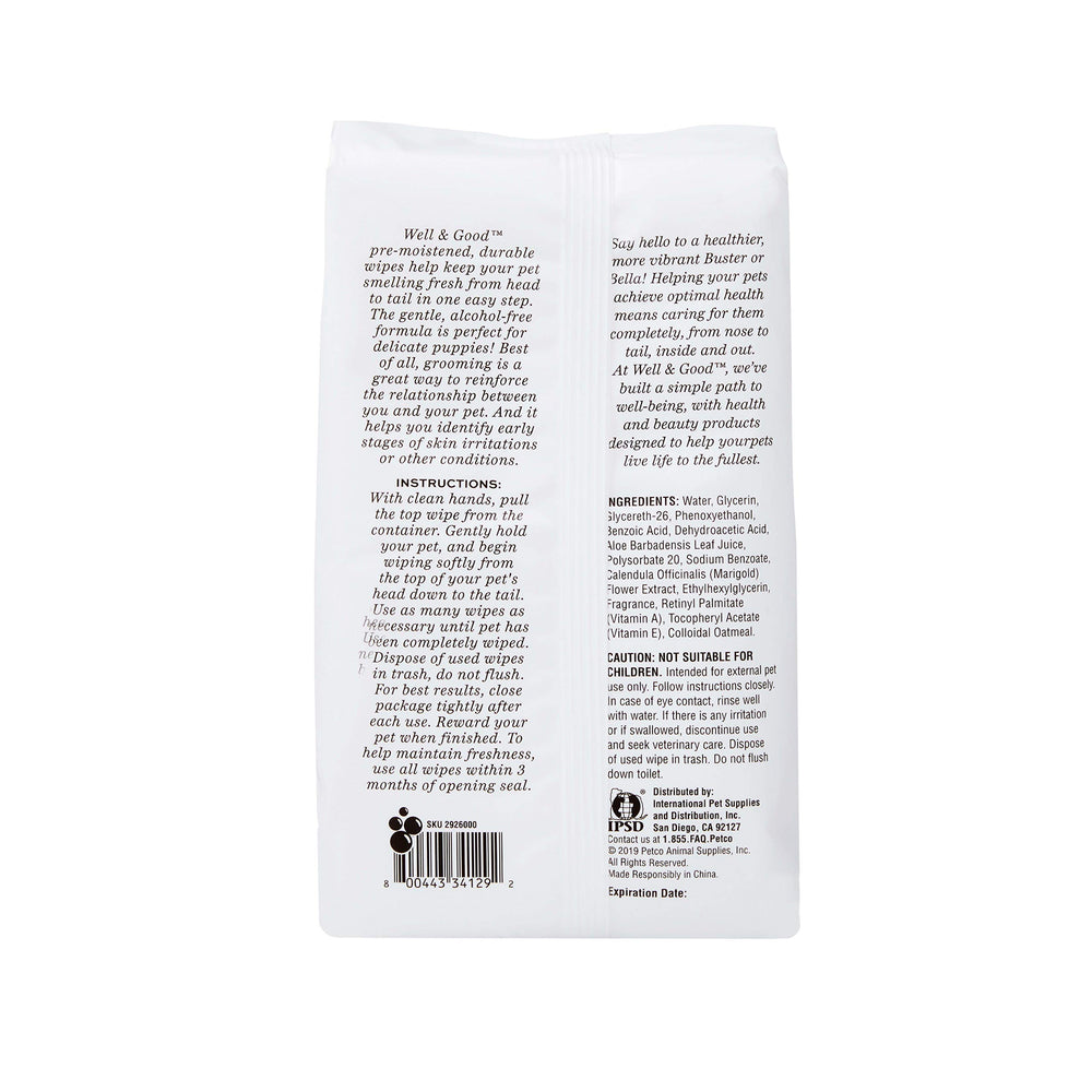 Well & Good Gentle Puppy Grooming Wipes closeup shows soft texture for delicate puppy coats