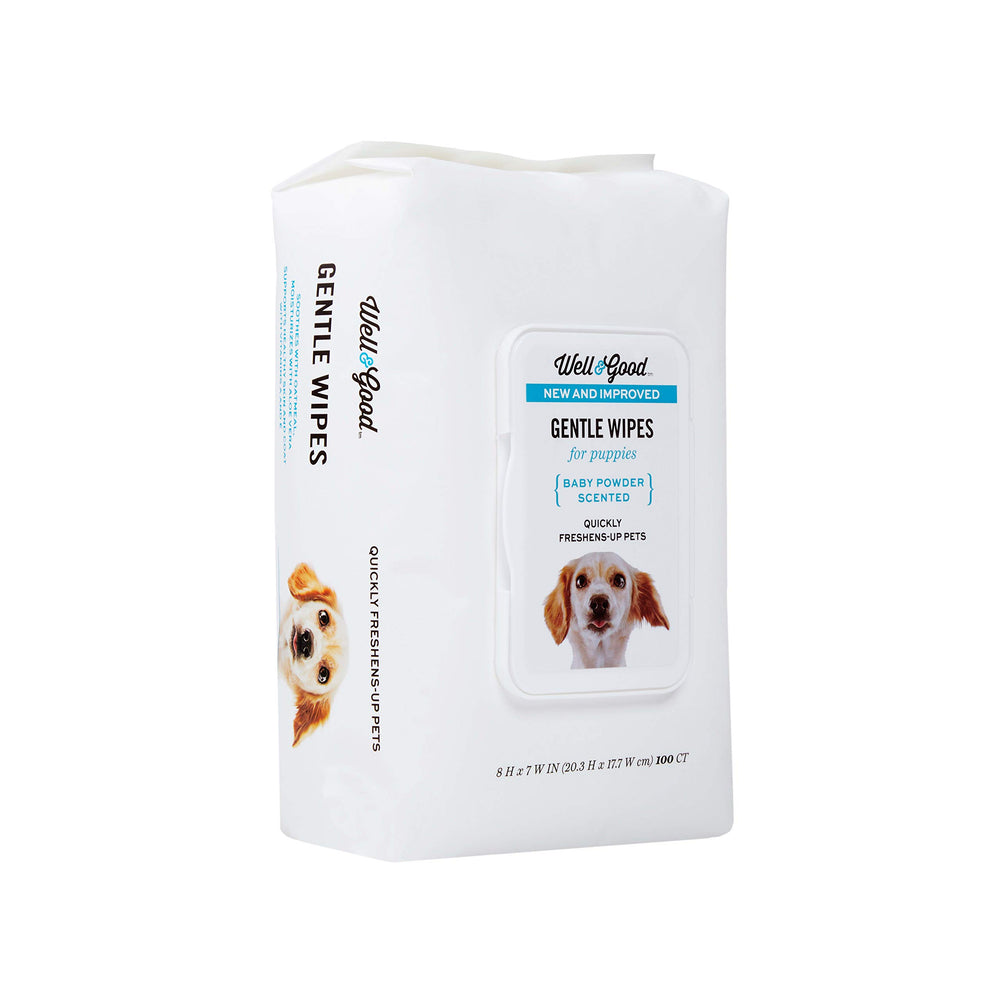 Well & Good Gentle Puppy Grooming Wipes used on puppy face for quick refresh and comfort