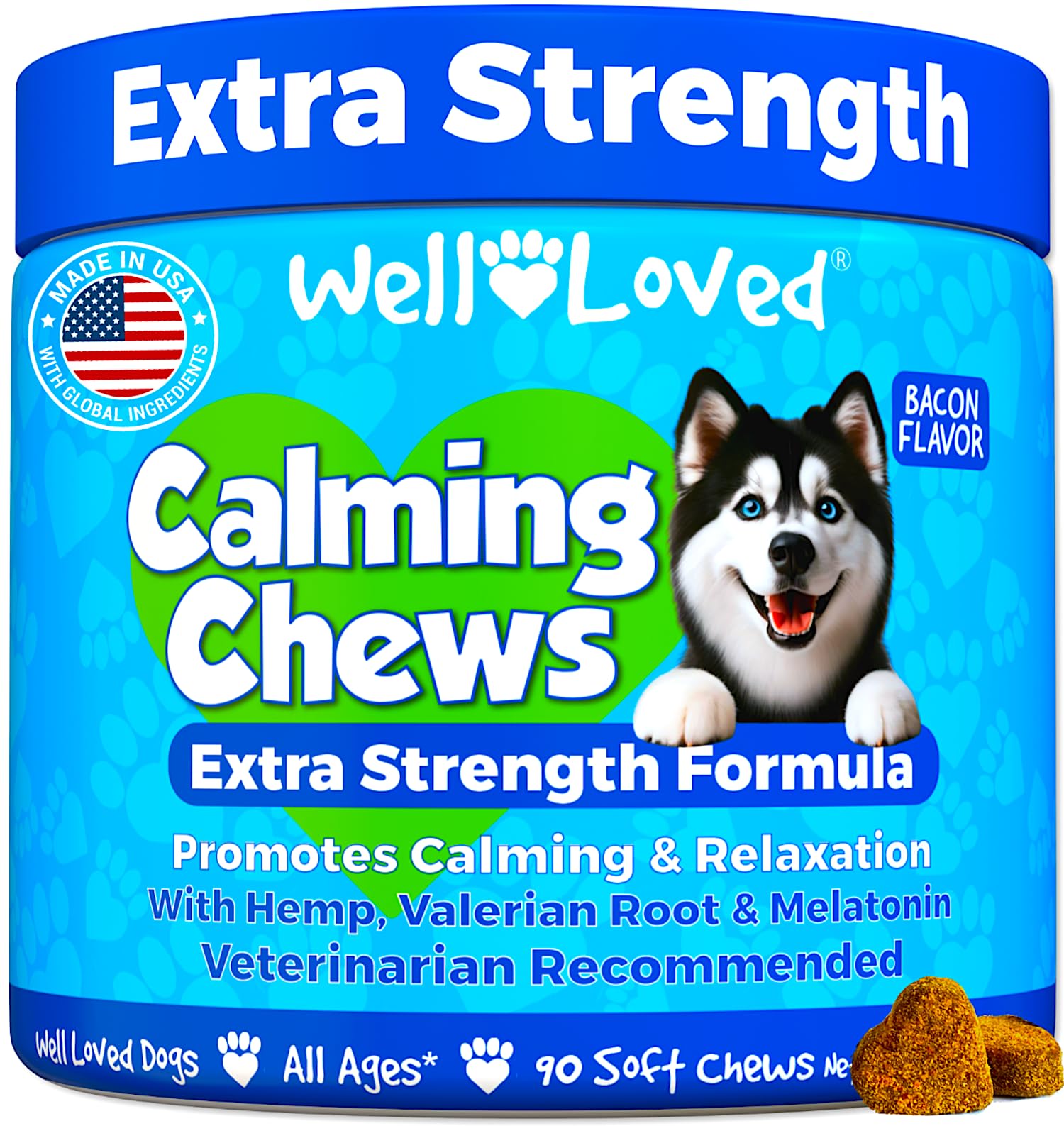 Well Loved Calming Chews dog bowl scene highlights bacon flavor and calming support.