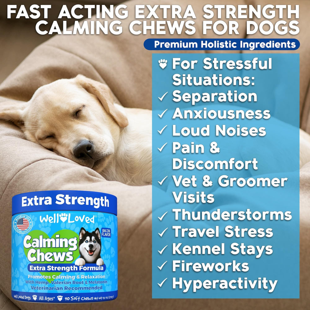 Well Loved Calming Chews dog treats jar closeup shows USA made vet recommended calming.