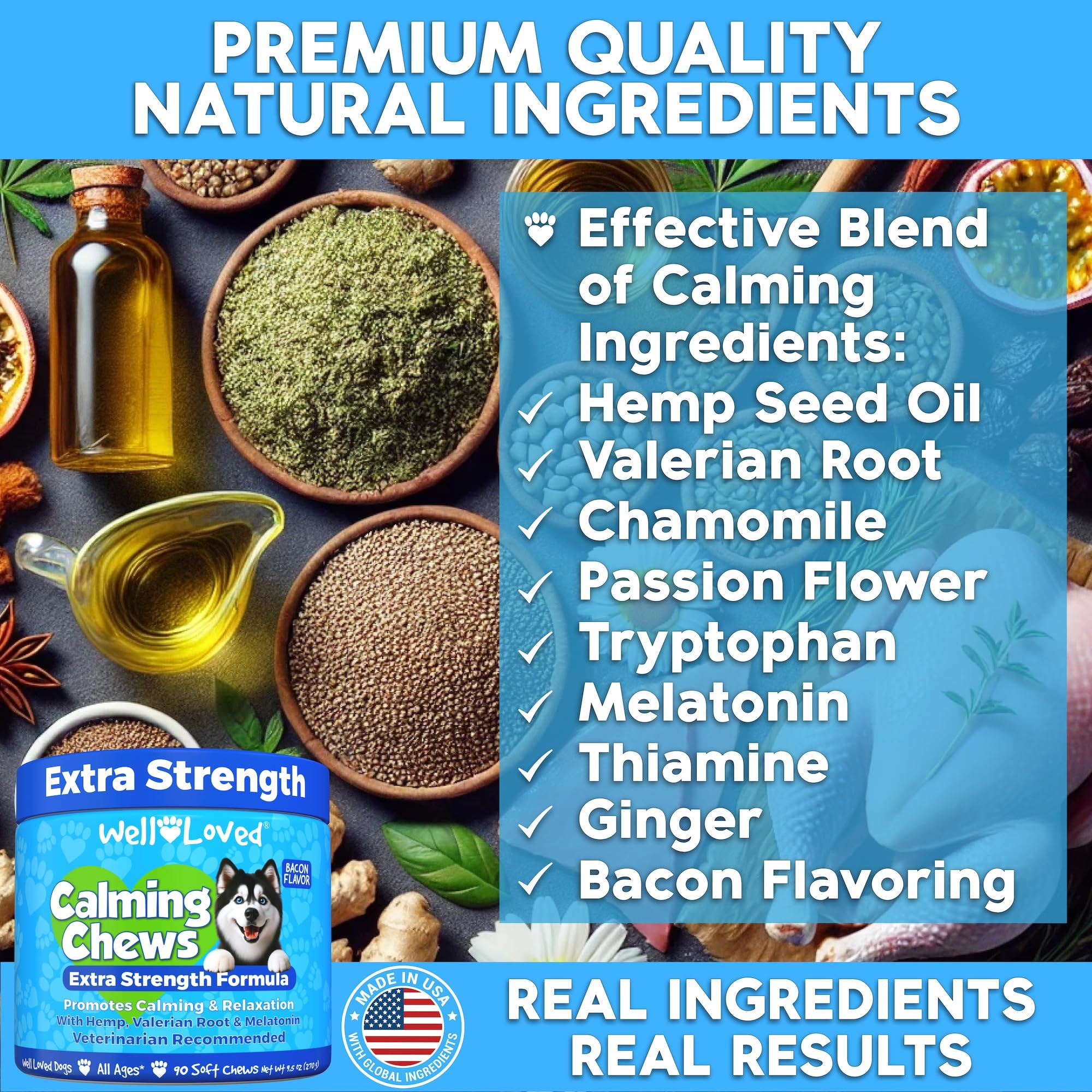 Well Loved Calming Chews ingredients closeup highlights hemp oil valerian and melatonin mix.