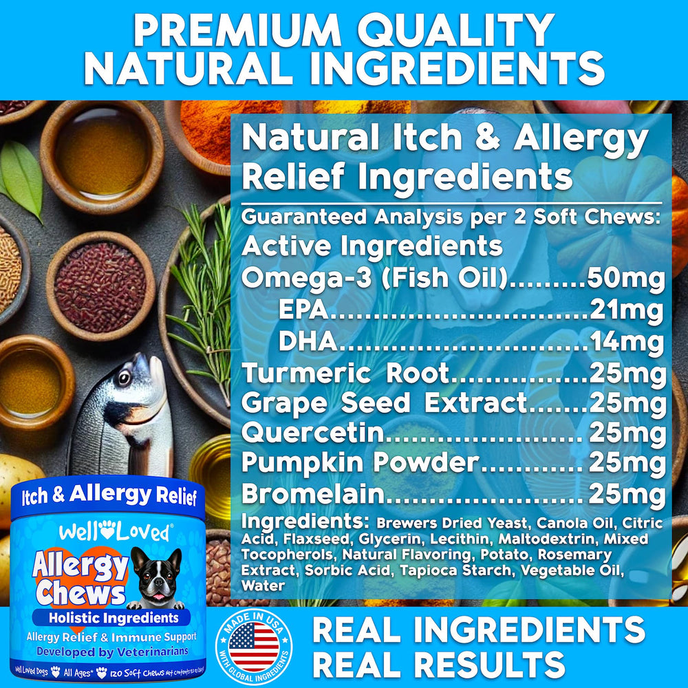 Well Loved Dog Allergy Chews dose-jar indicates daily serving for ongoing skin support.