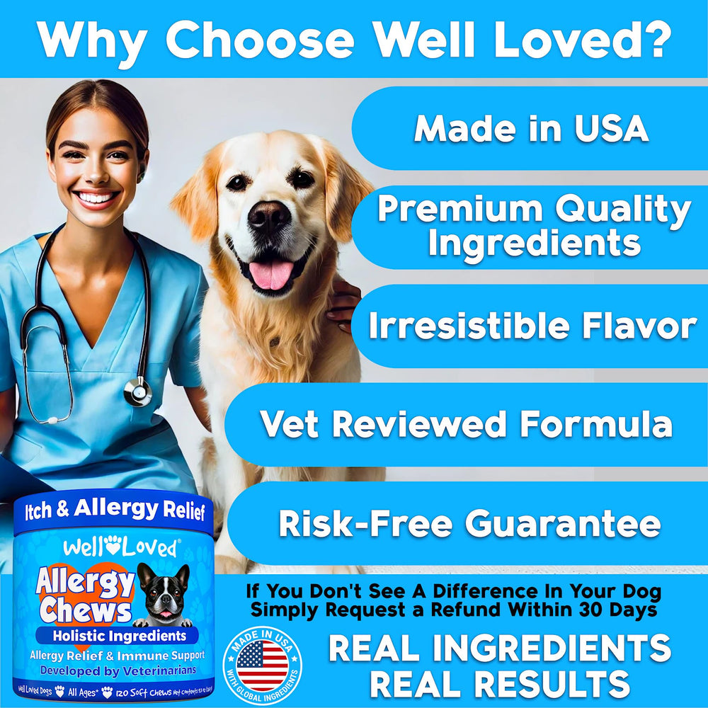 Well Loved Dog Allergy Chews omega-3 highlight benefits for coat and immune health.