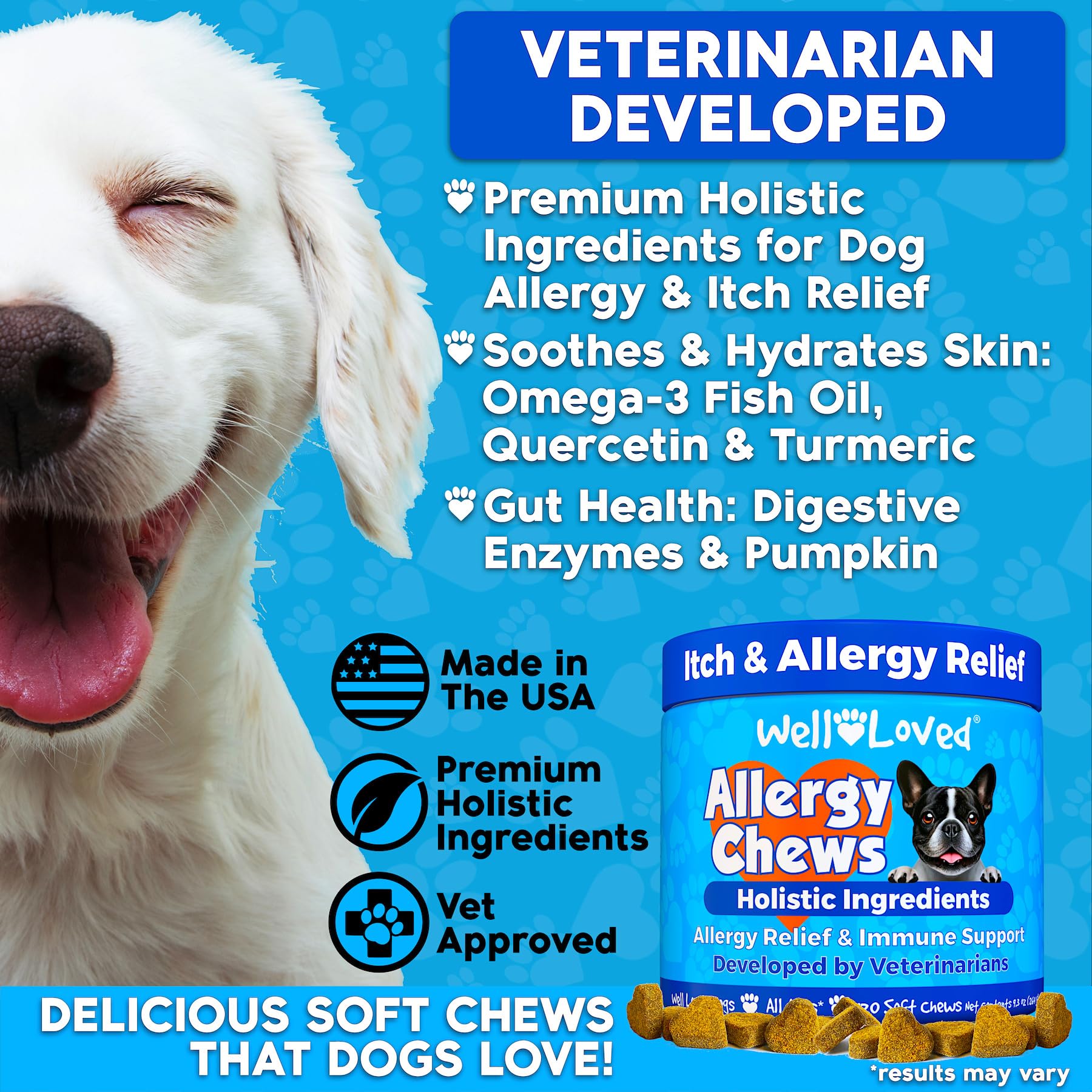 Well Loved Dog Allergy Chews soft chews close-up shows tasty texture for dogs.
