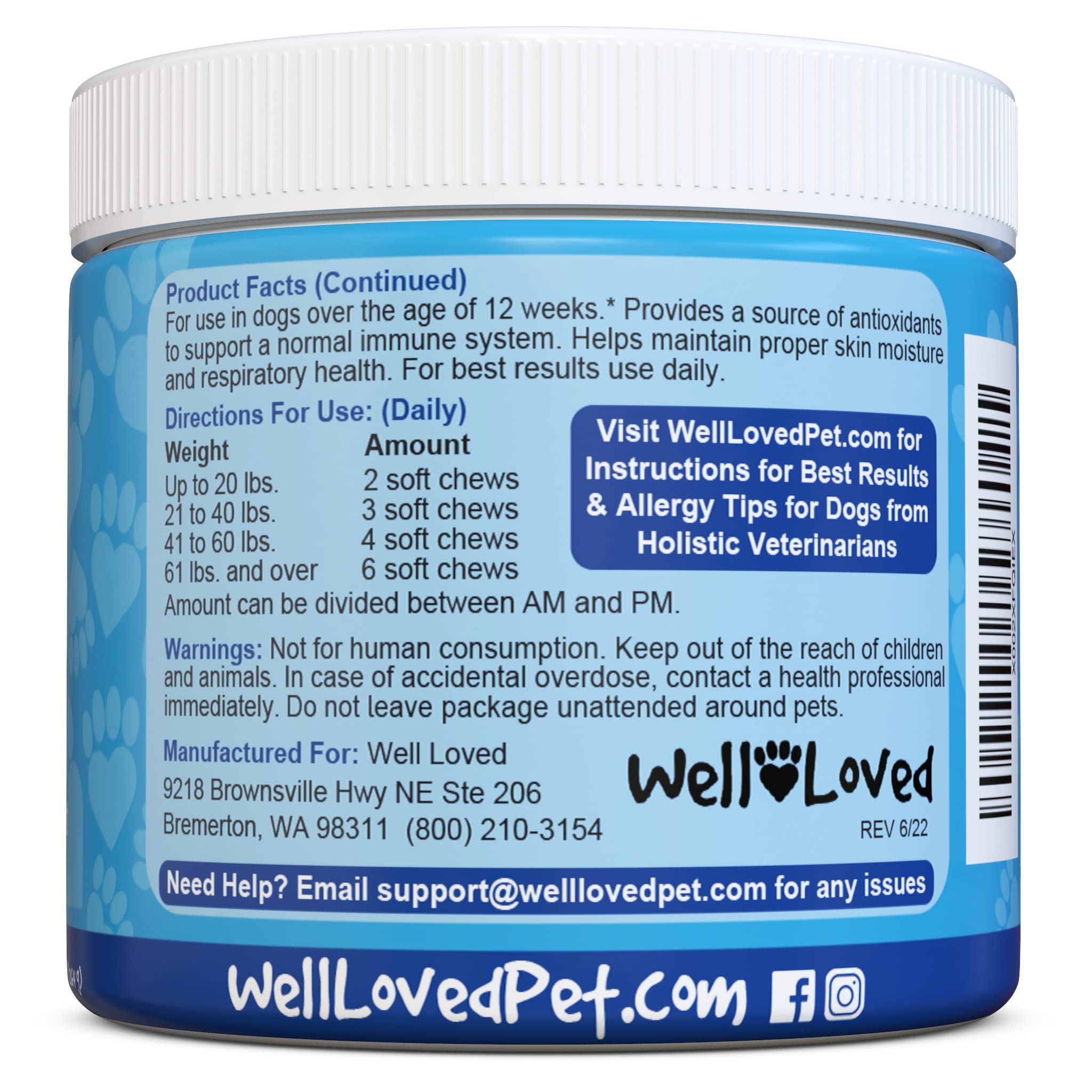 Well Loved Dog Allergy Chews USA made label emphasizes domestic production.