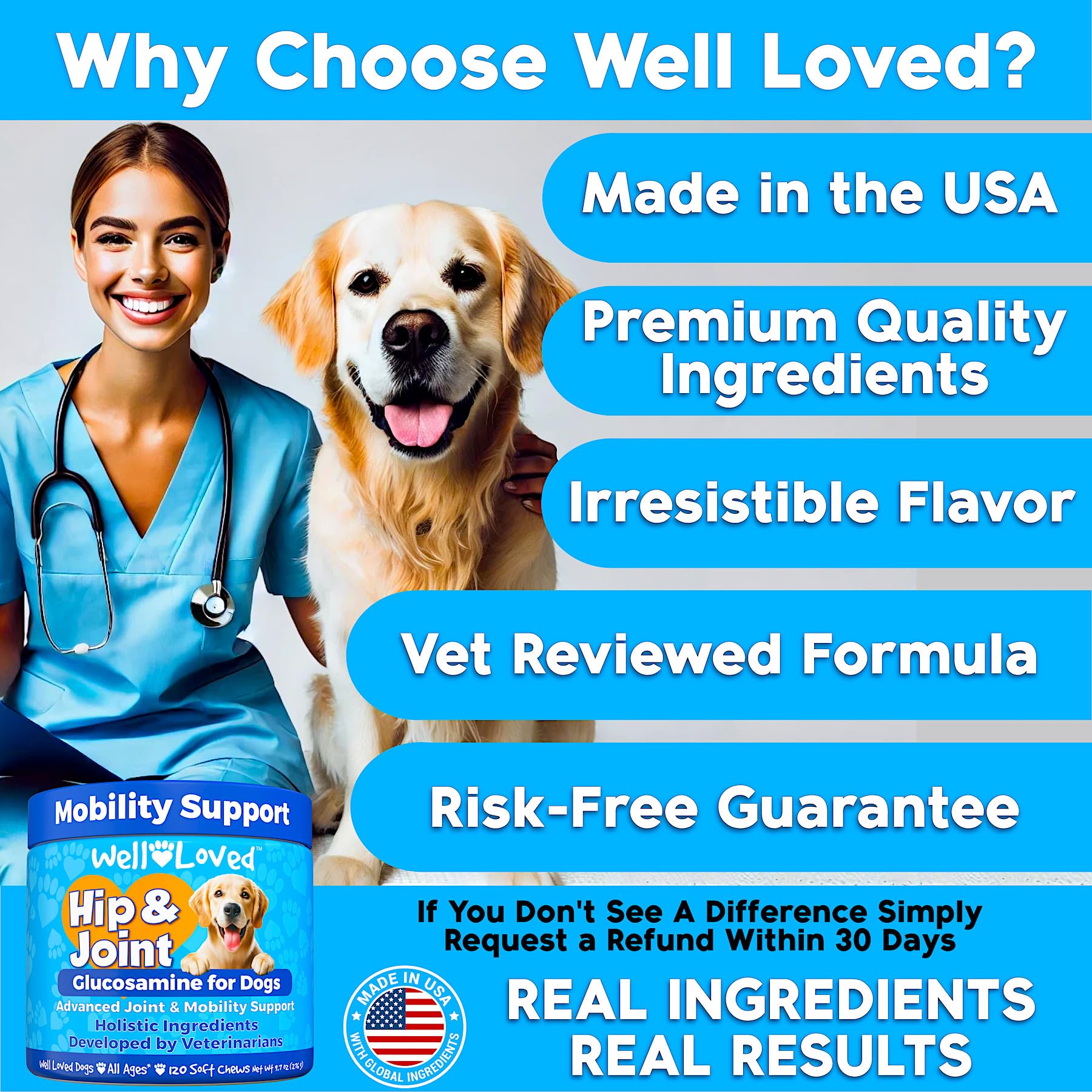 Well Loved large-breed chews image suggests bigger-dog suitability and daily joint care.