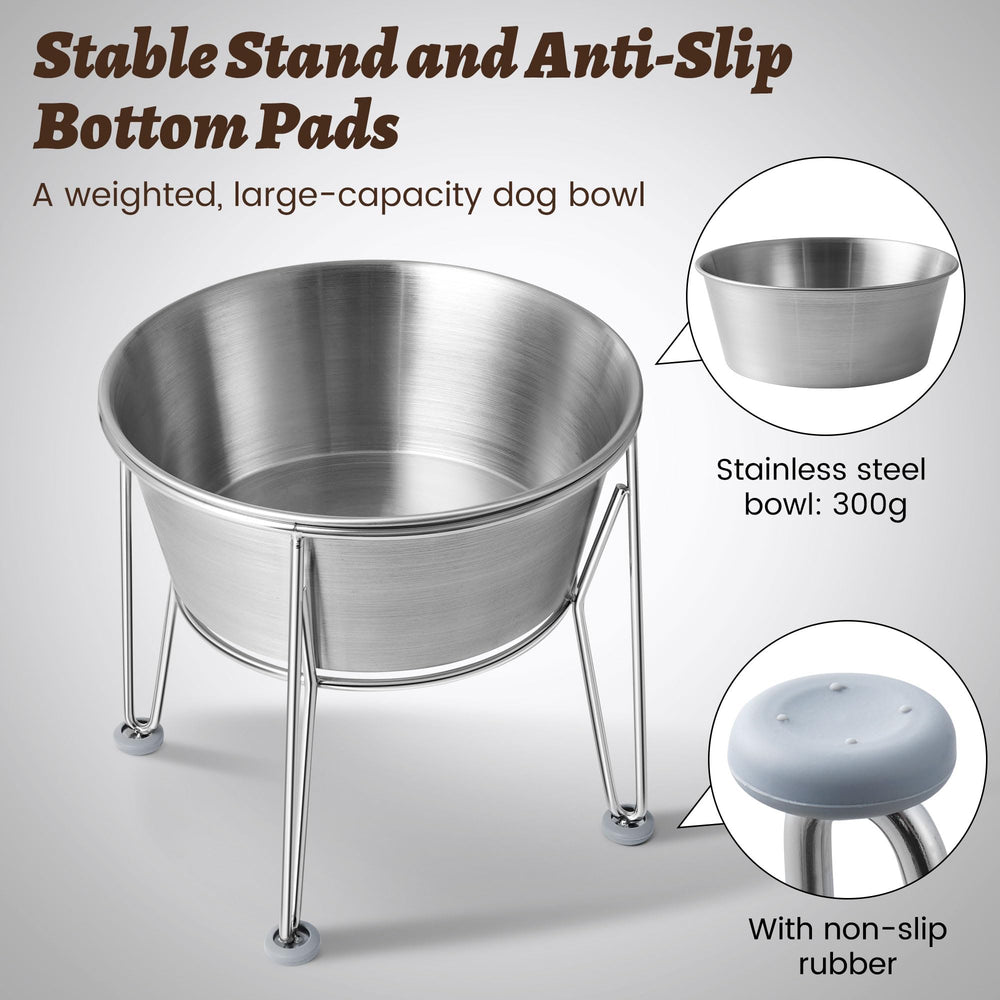 Wellbro 64oz capacity stainless steel bowls hold ample water or food.
