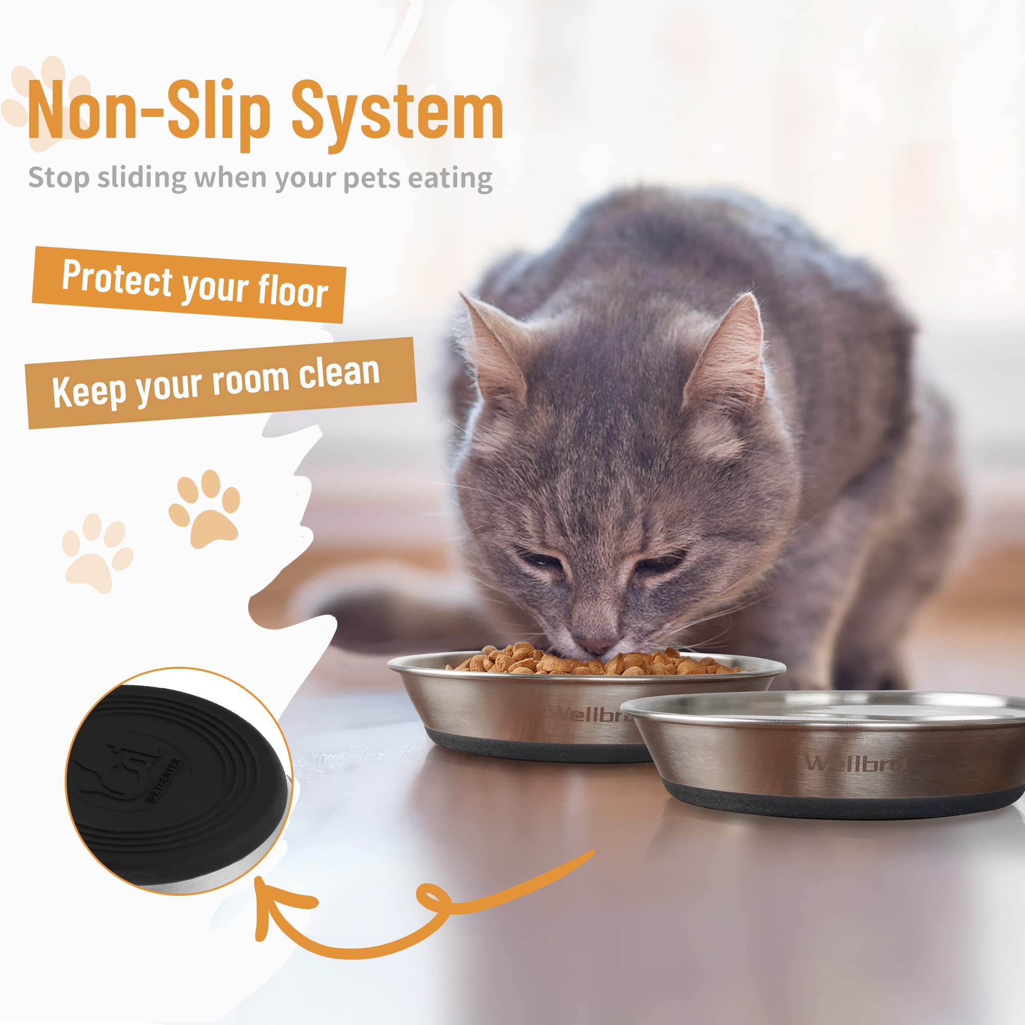Wellbro cat bowls dishwasher-safe stainless steel for quick cleaning and odor resistance.