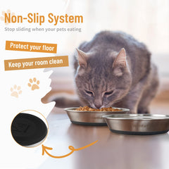 Wellbro cat bowls are safe stainless steel and easy to clean.