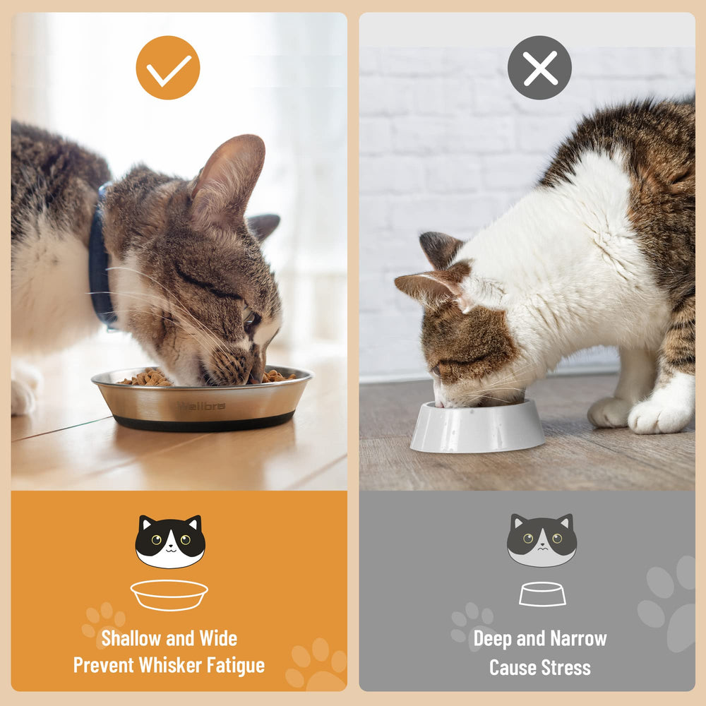Wellbro cat bowls made from food-grade stainless steel for easy cleaning.