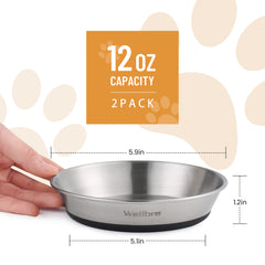 Wellbro cat bowls with wide shallow design to reduce whisker fatigue.