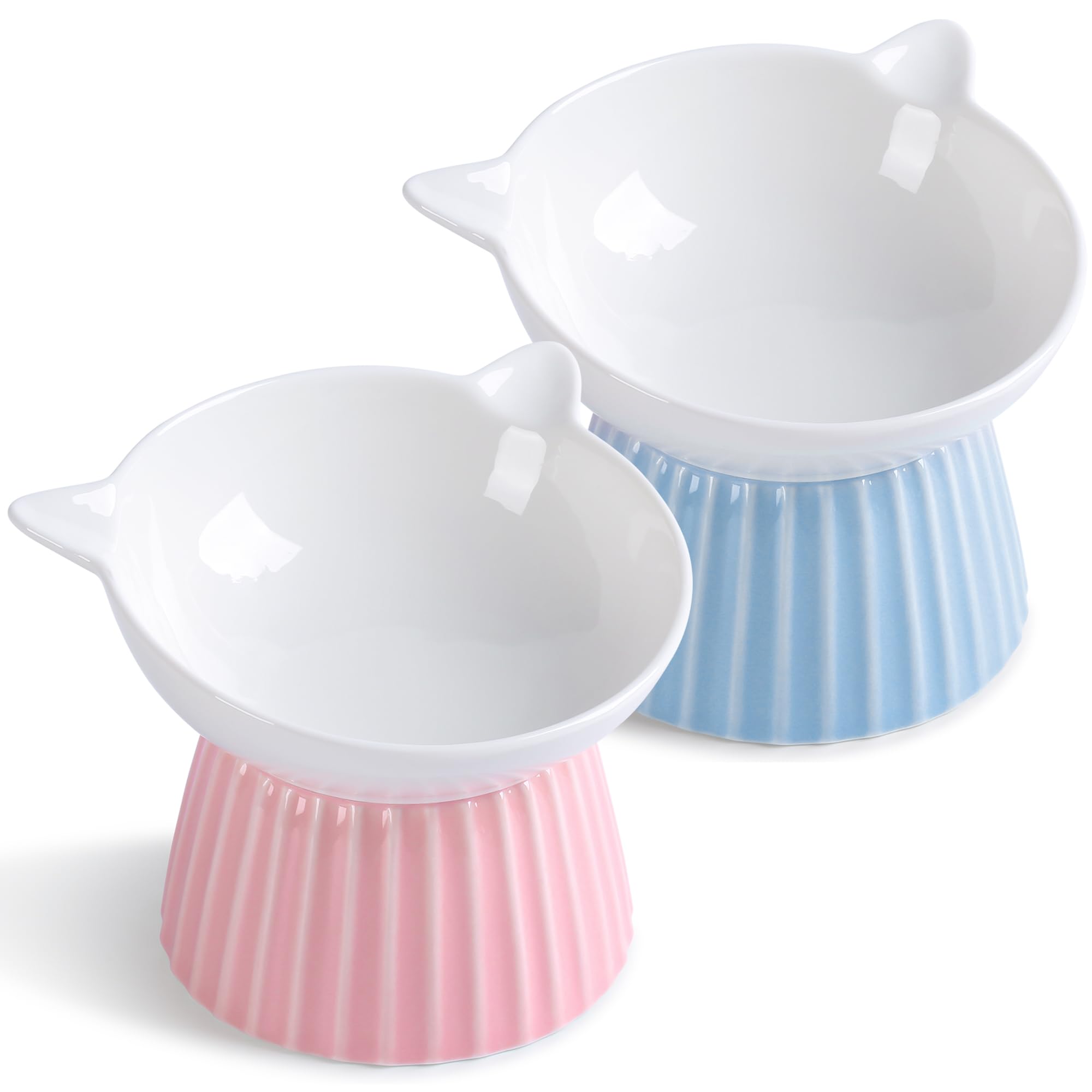 Wellbro ceramic raised cat bowl front view shows ergonomic height for easier feeding.