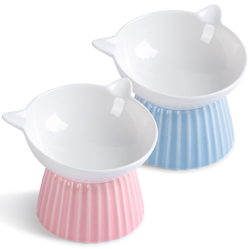 Wellbro ceramic raised cat bowl front view shows ergonomic height for easier feeding.