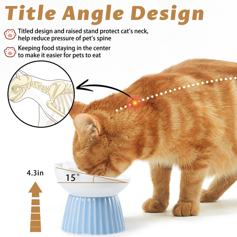 Wellbro ceramic raised cat bowl side view displays raised design reducing neck strain.