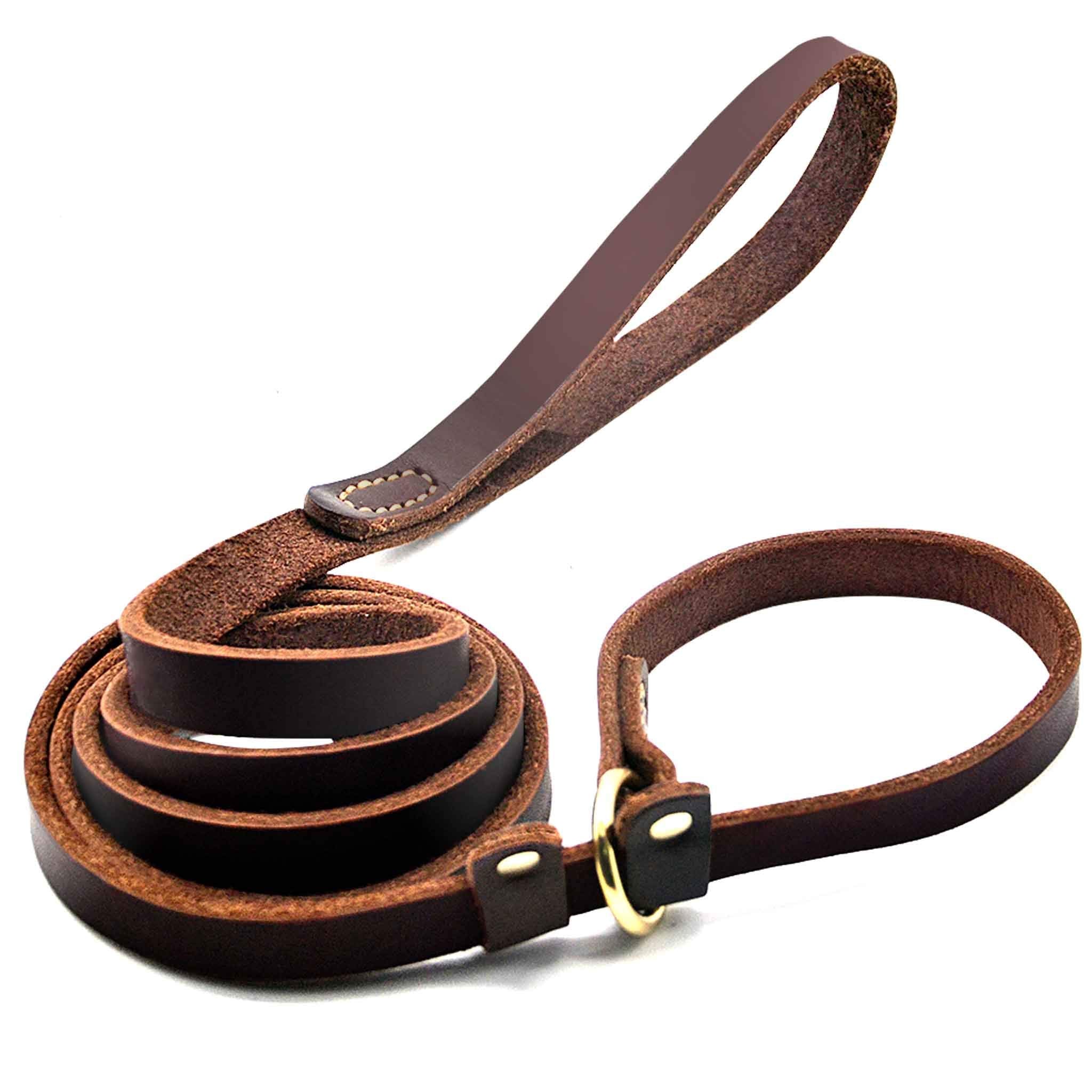 Wellbro Real Leather Slip Lead brown closeup showing soft leather and sturdy stitching for durability.