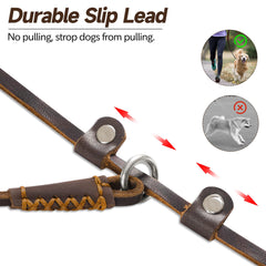 Wellbro real-leather slip leash close-up shows slim pliable leather and O-ring durability.