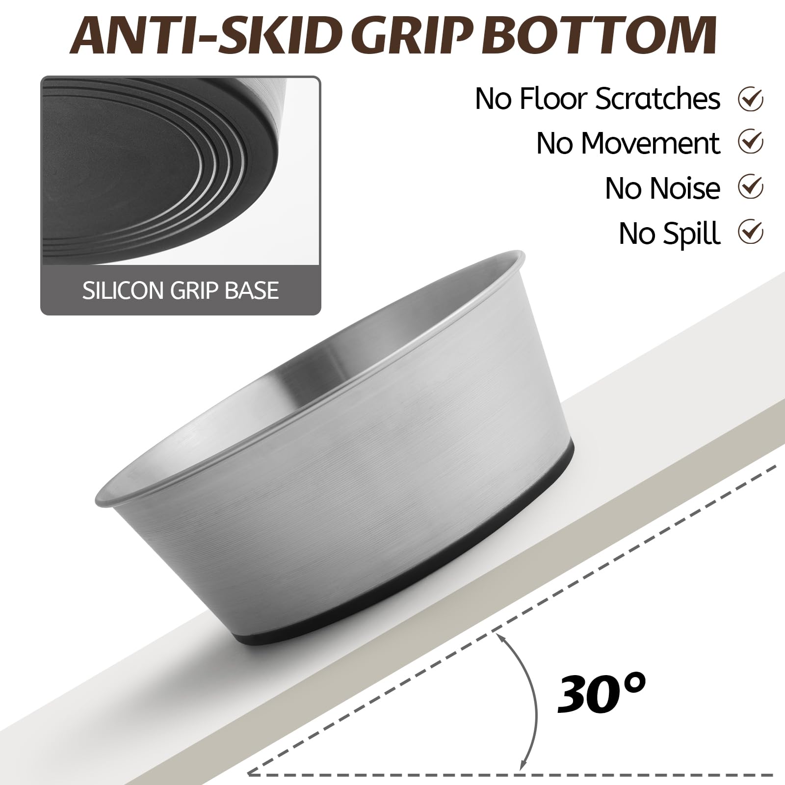 Wellbro stainless steel dog bowls wide opening simplifies quick refills and food addition.