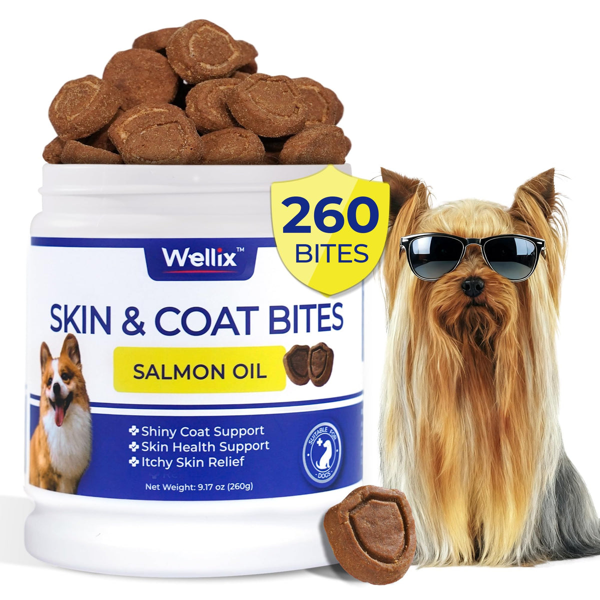 Wellix 260 Bites jar highlighting long-lasting omega-3 support for dogs.