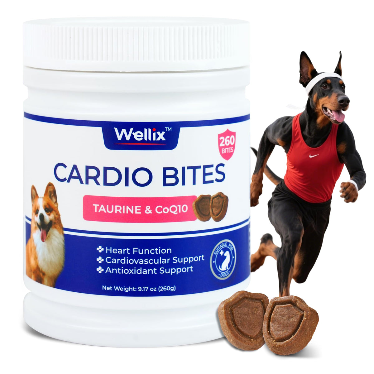 Wellix Cardio Bites in a treat bowl, a tasty heart-support option for dogs