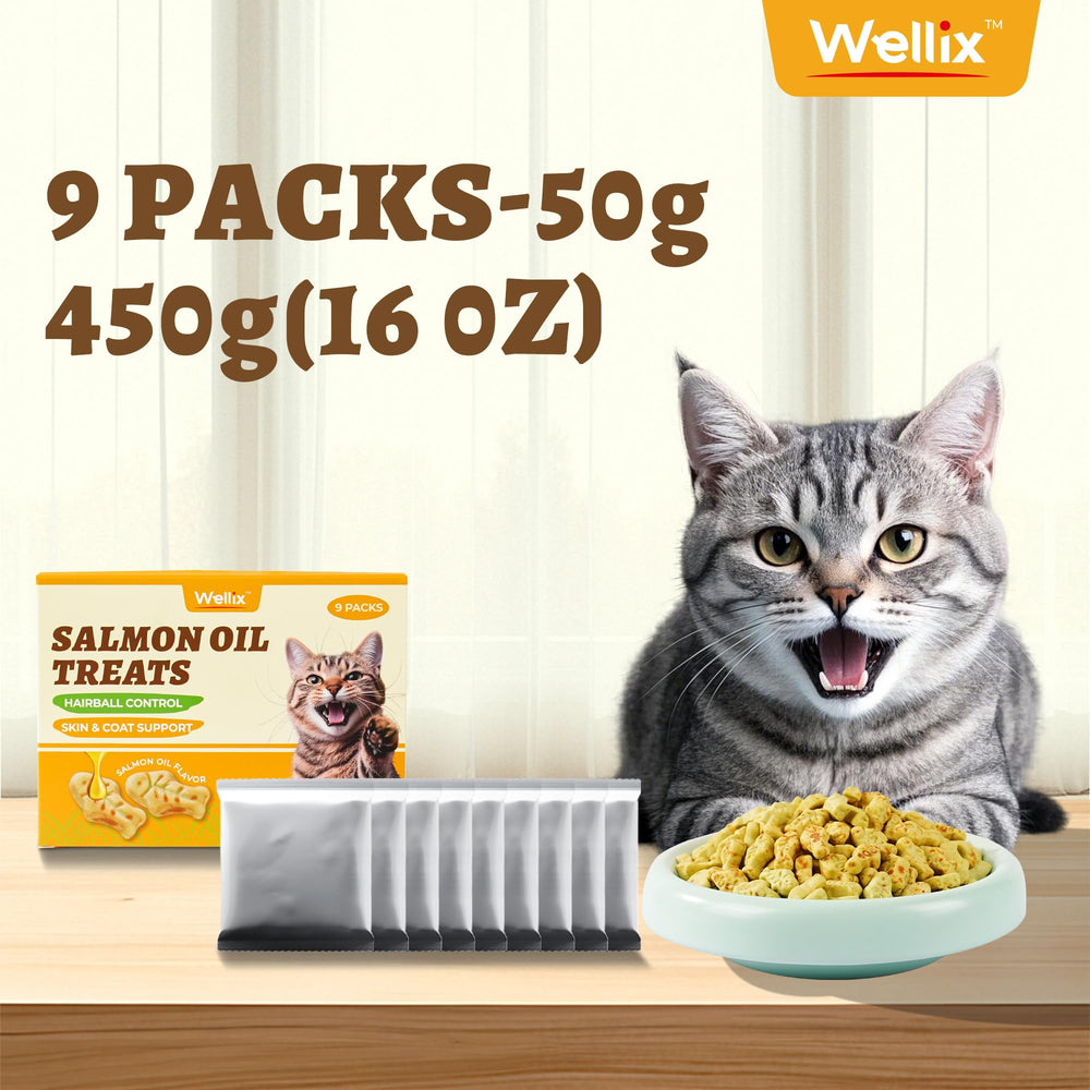 Wellix cat treats grass-salmon-ingredients highlights natural greens and salmon oil for overall well-being.